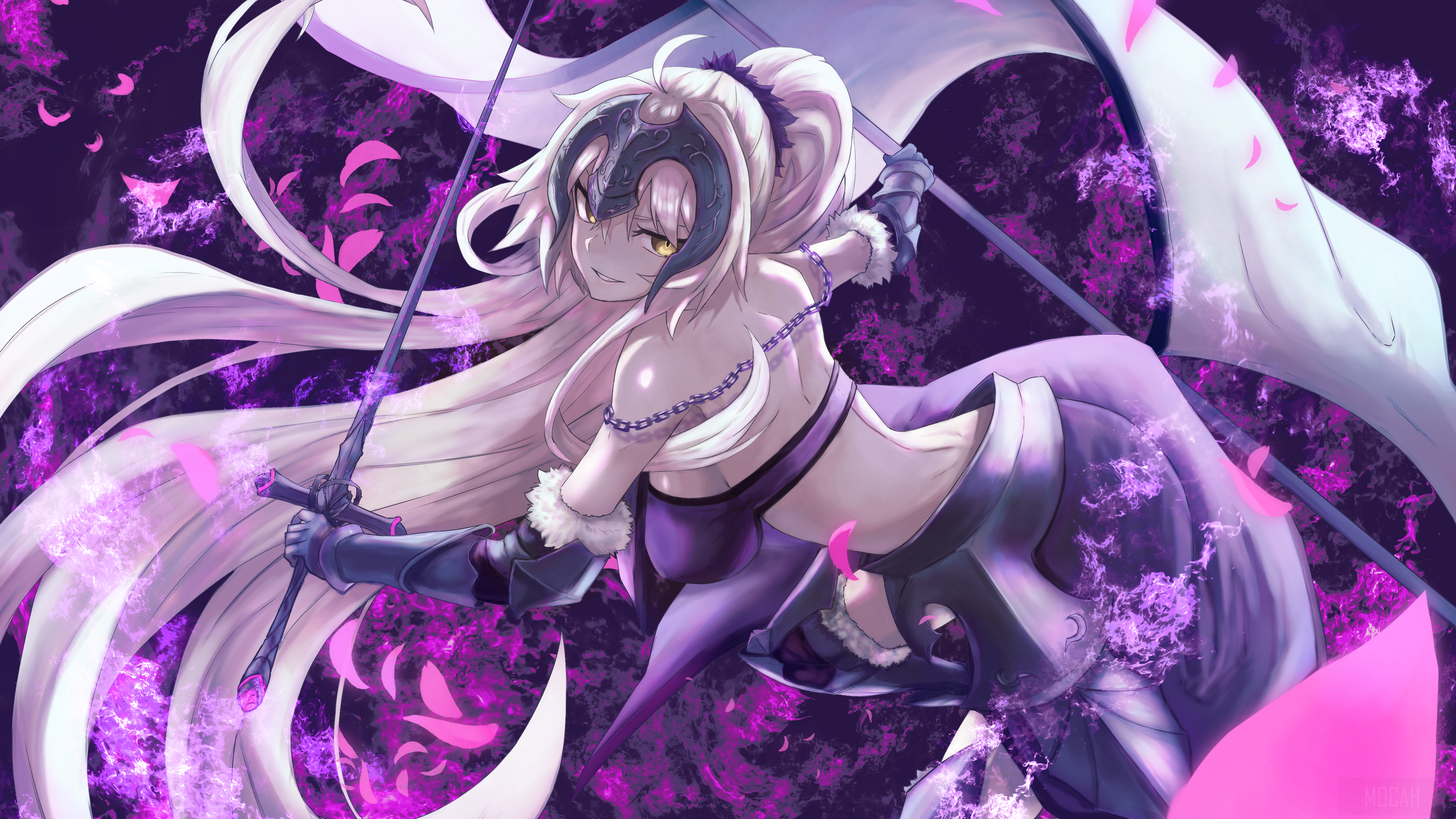 Jeanne d'Arc Alter from Fate, a white-haired girl with yellow eyes holding a sword HD Wallpaper