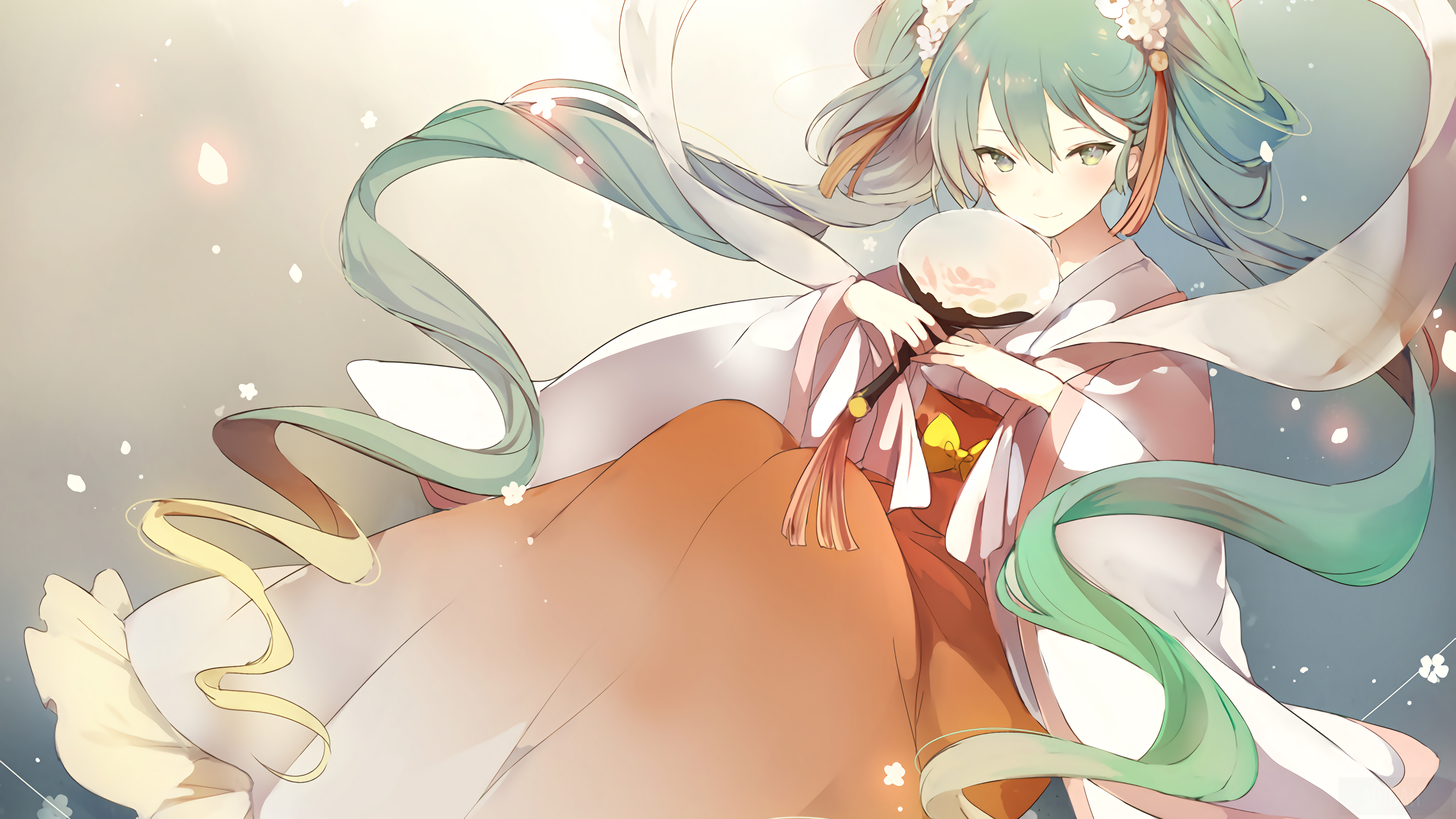 Hatsune Miku in traditional Japanese attire holding a fan HD Wallpaper
