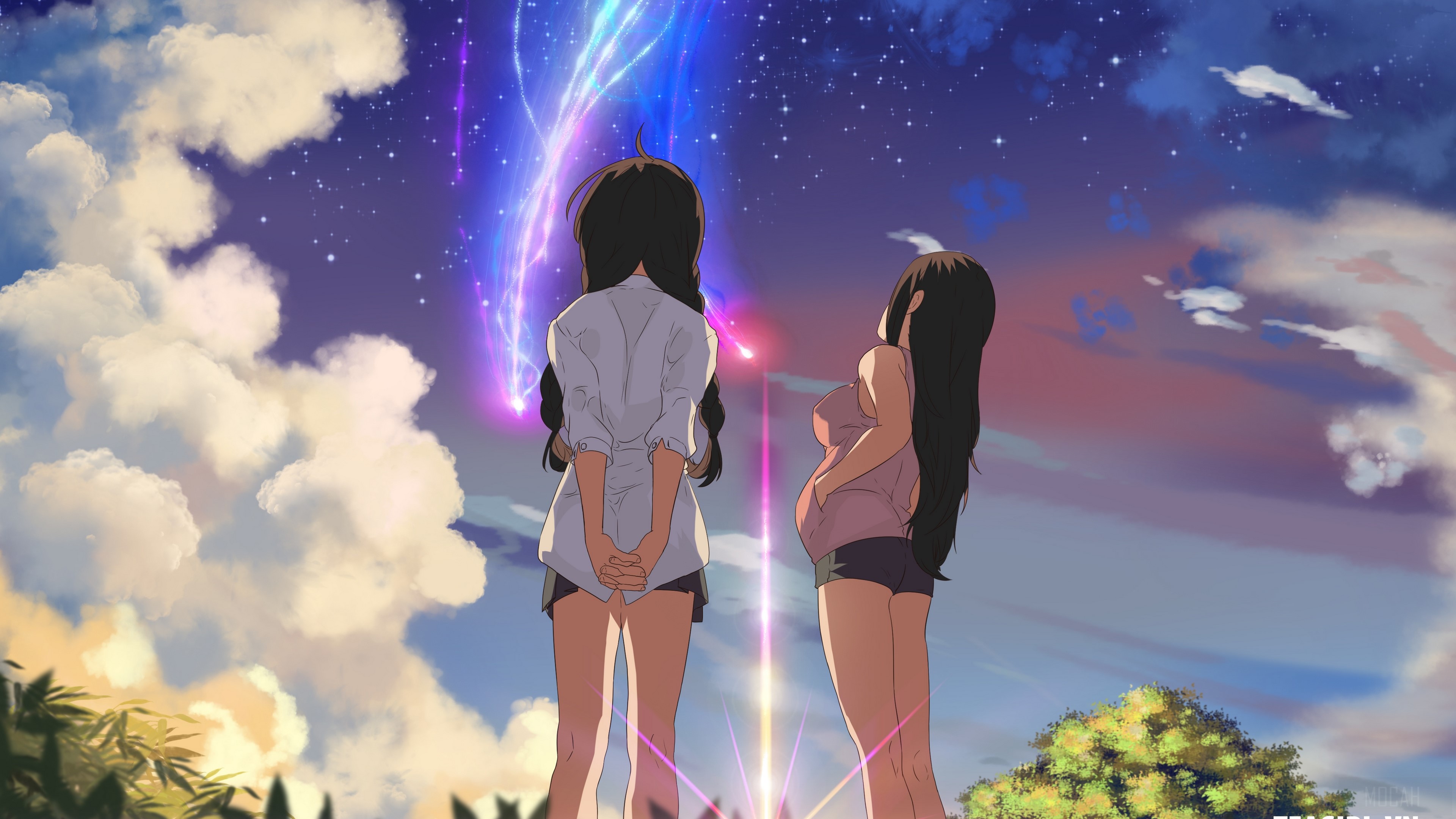 Two Girls Watching Shooting Stars in the Sky 4K HD Wallpaper