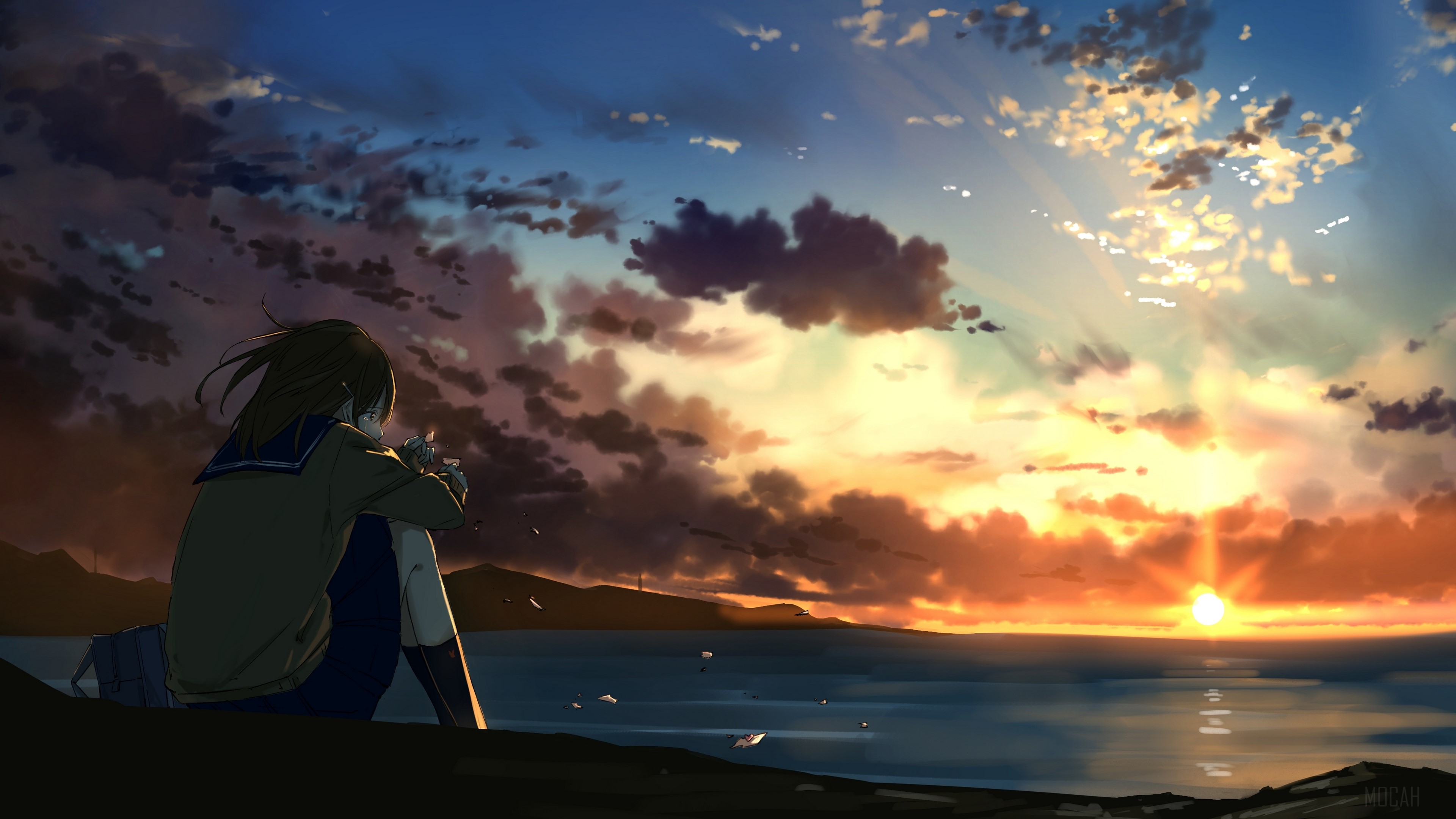 Girl in School Uniform by the Ocean at Sunset 4K HD Wallpaper