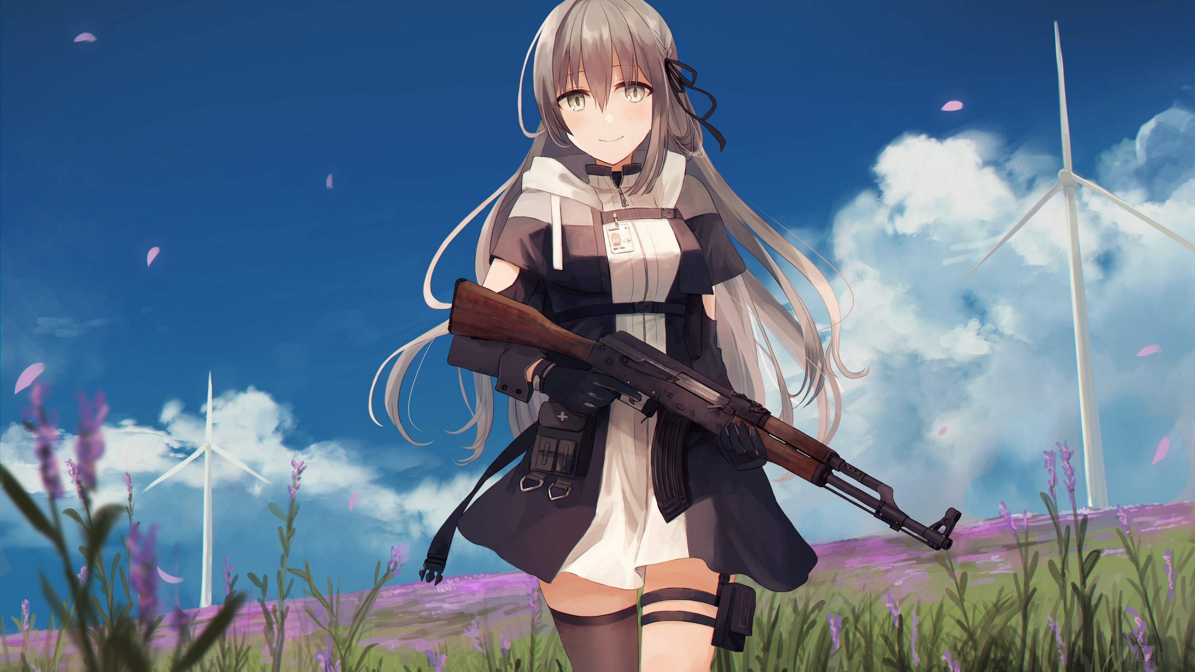 Anime girl with rifle in lavender field HD Wallpaper