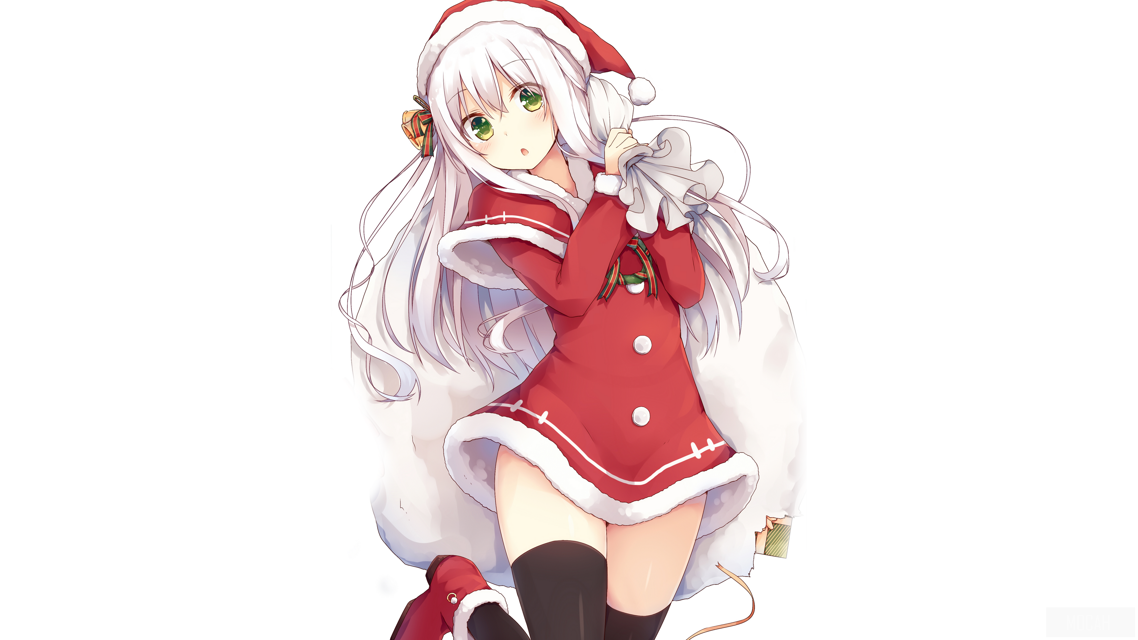 Girl in Santa Outfit with White Hair and Green Eyes HD Wallpaper