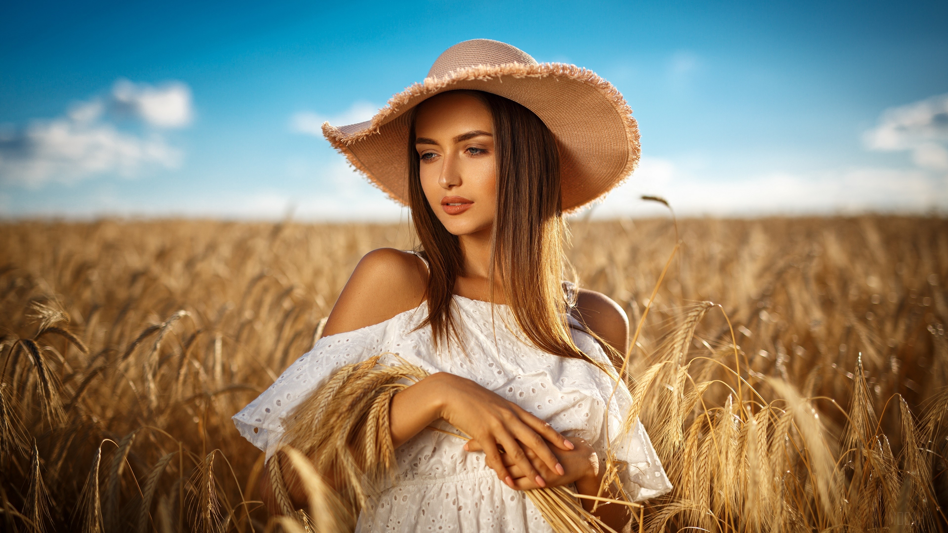 Woman in a straw hat in a wheat field 4K HD Wallpaper