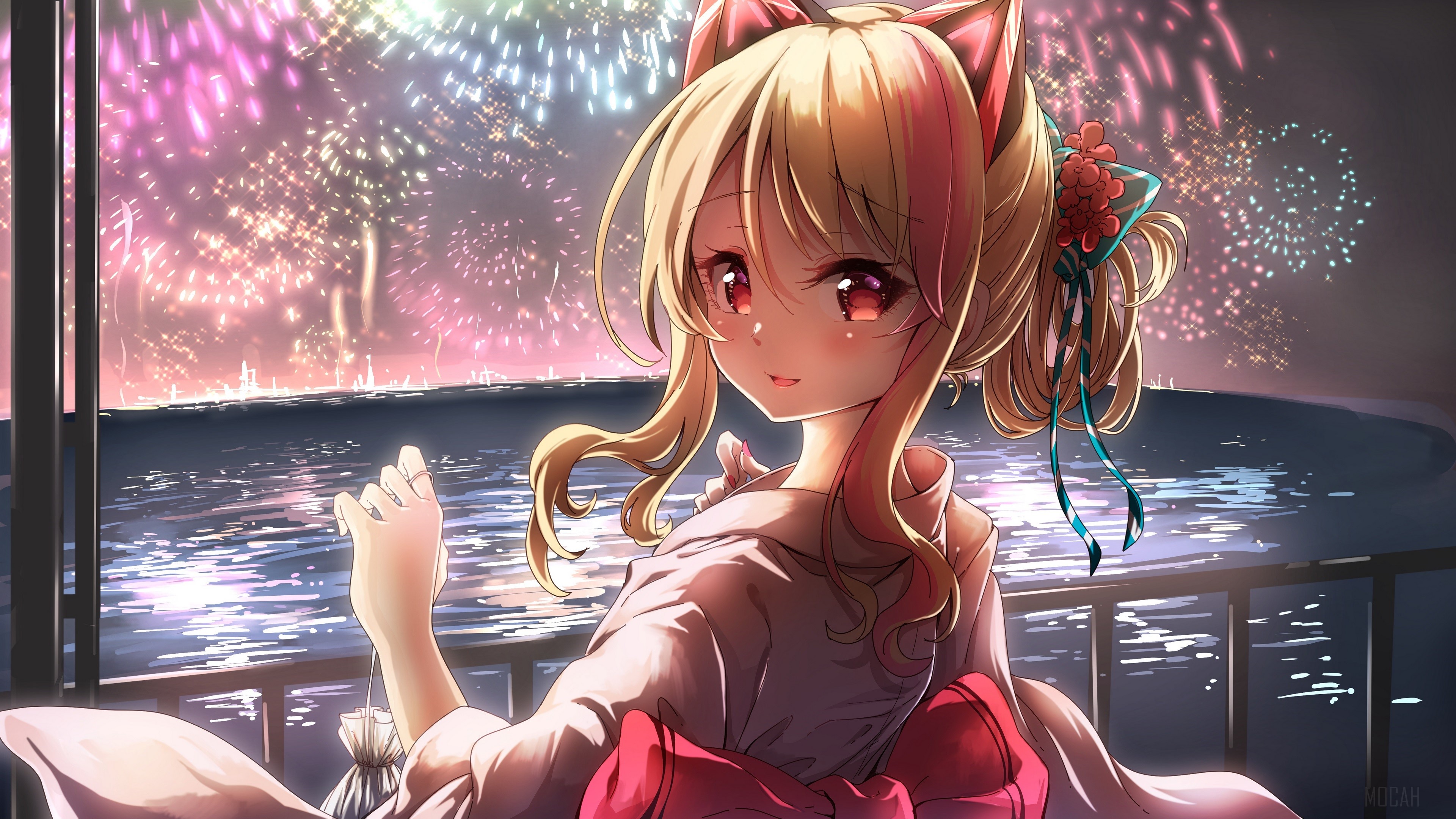 Neko girl in yukata watching fireworks HD Wallpaper