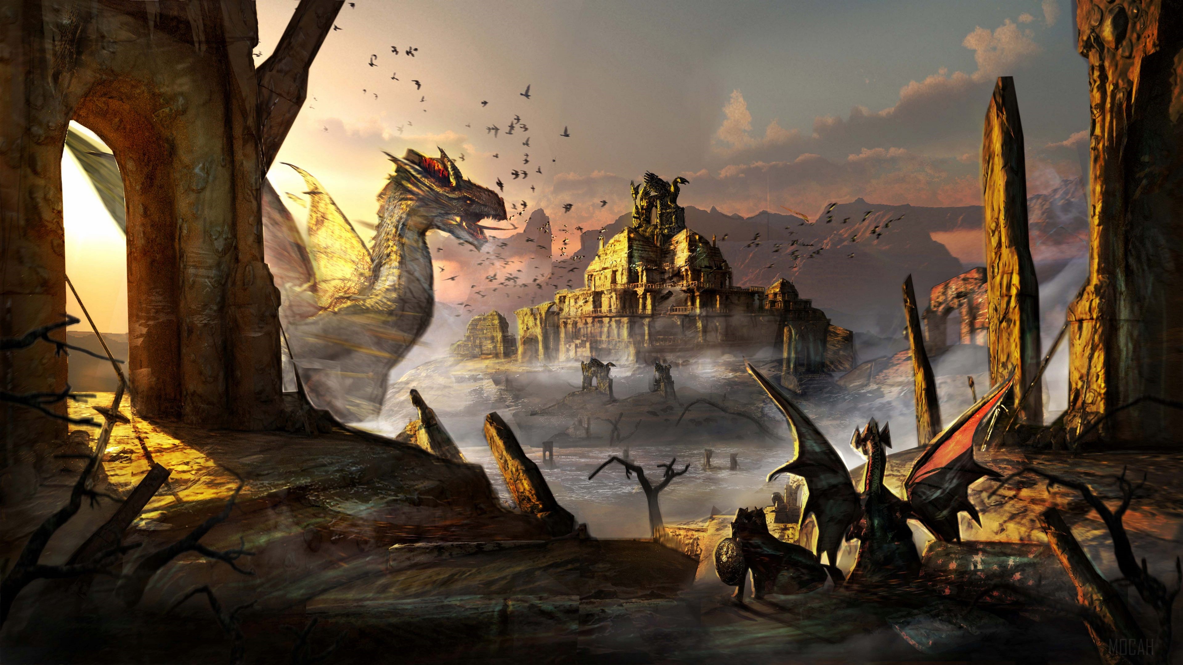 Dragon and ruined castle in a fantasy landscape 4K HD Wallpaper