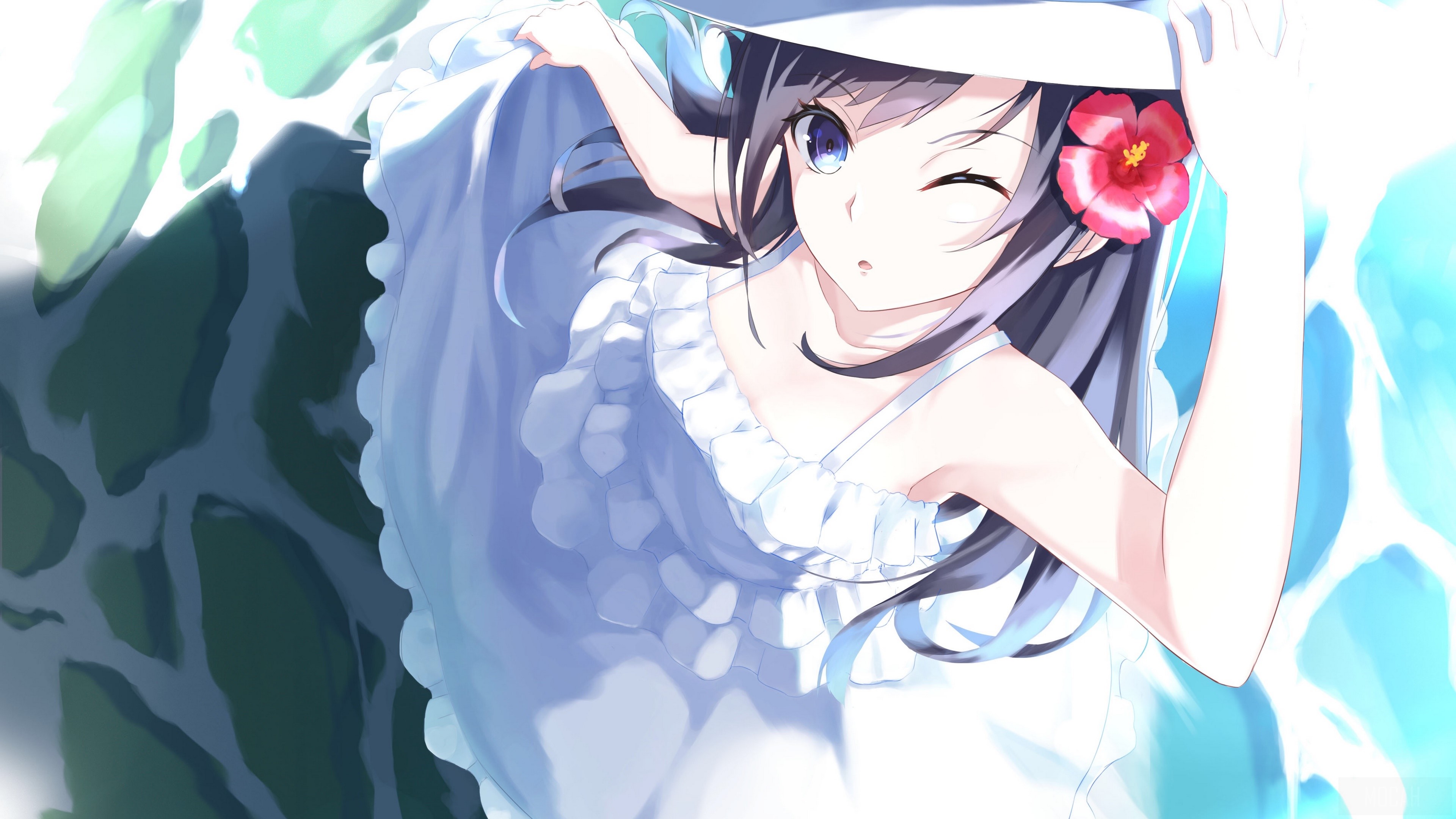 Winking Girl with Blue Eyes and Flower in Hat 4k HD Wallpaper