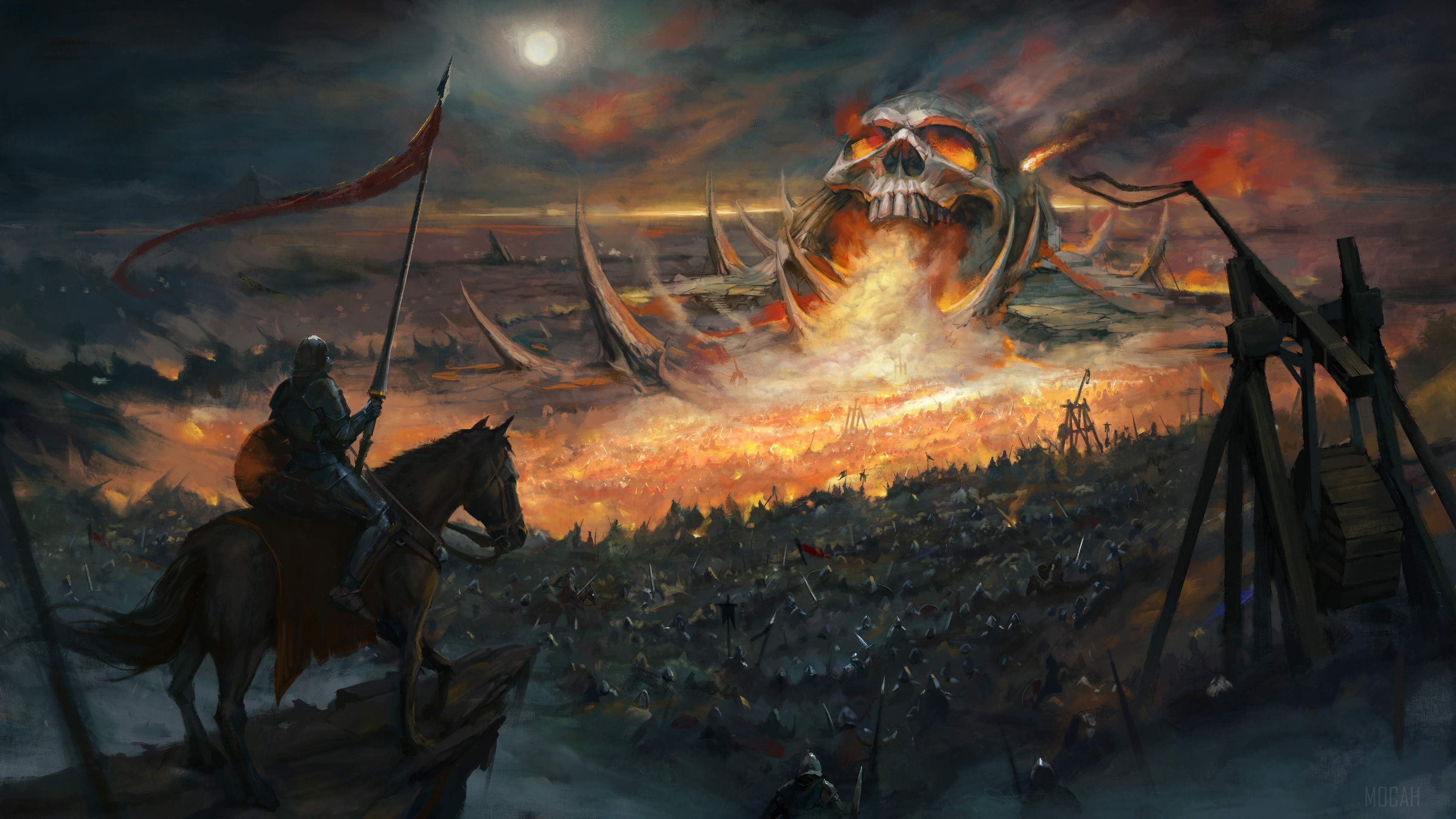 Knight on Horseback overlooking a massive battle with a giant skull spewing fire HD Wallpaper