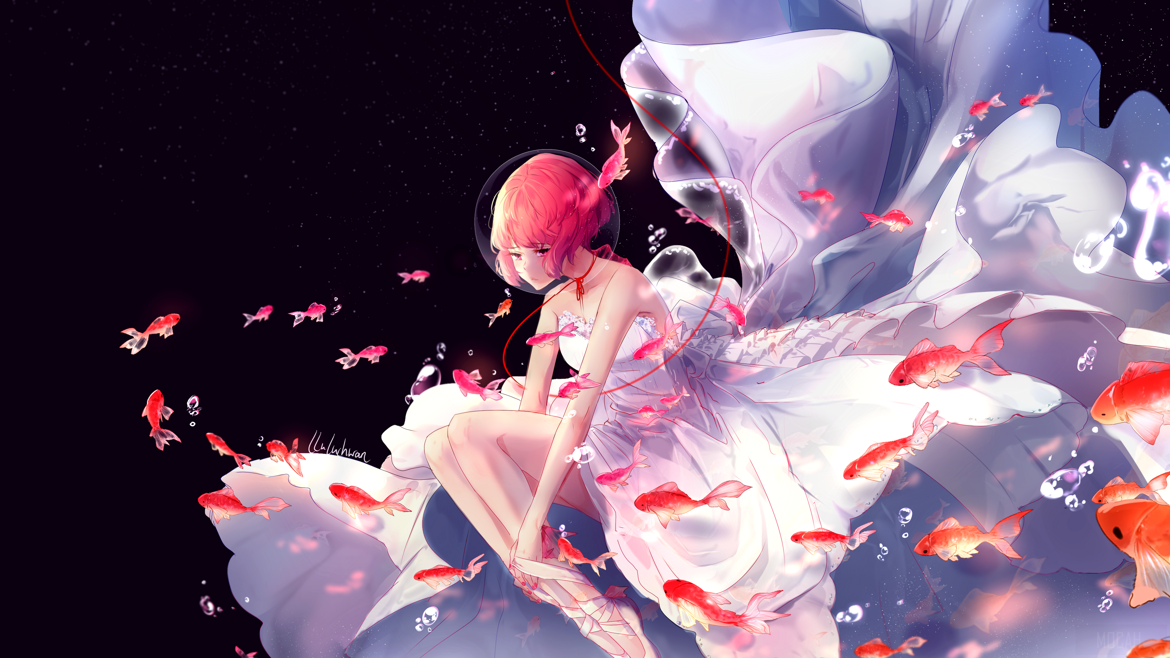 Girl with orange hair and goldfish in space HD Wallpaper
