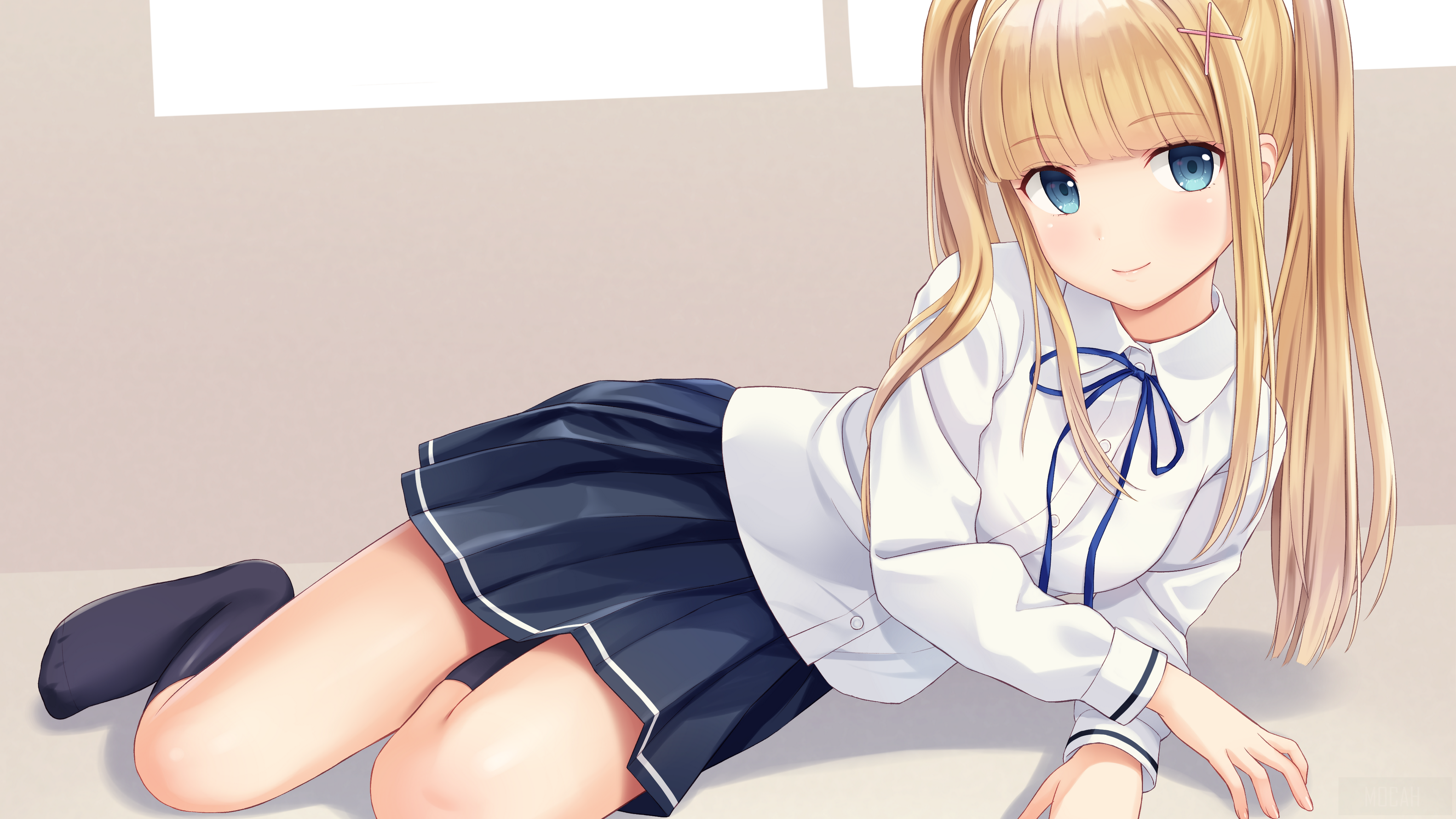 Anime girl with blonde pigtails in school uniform HD Wallpaper