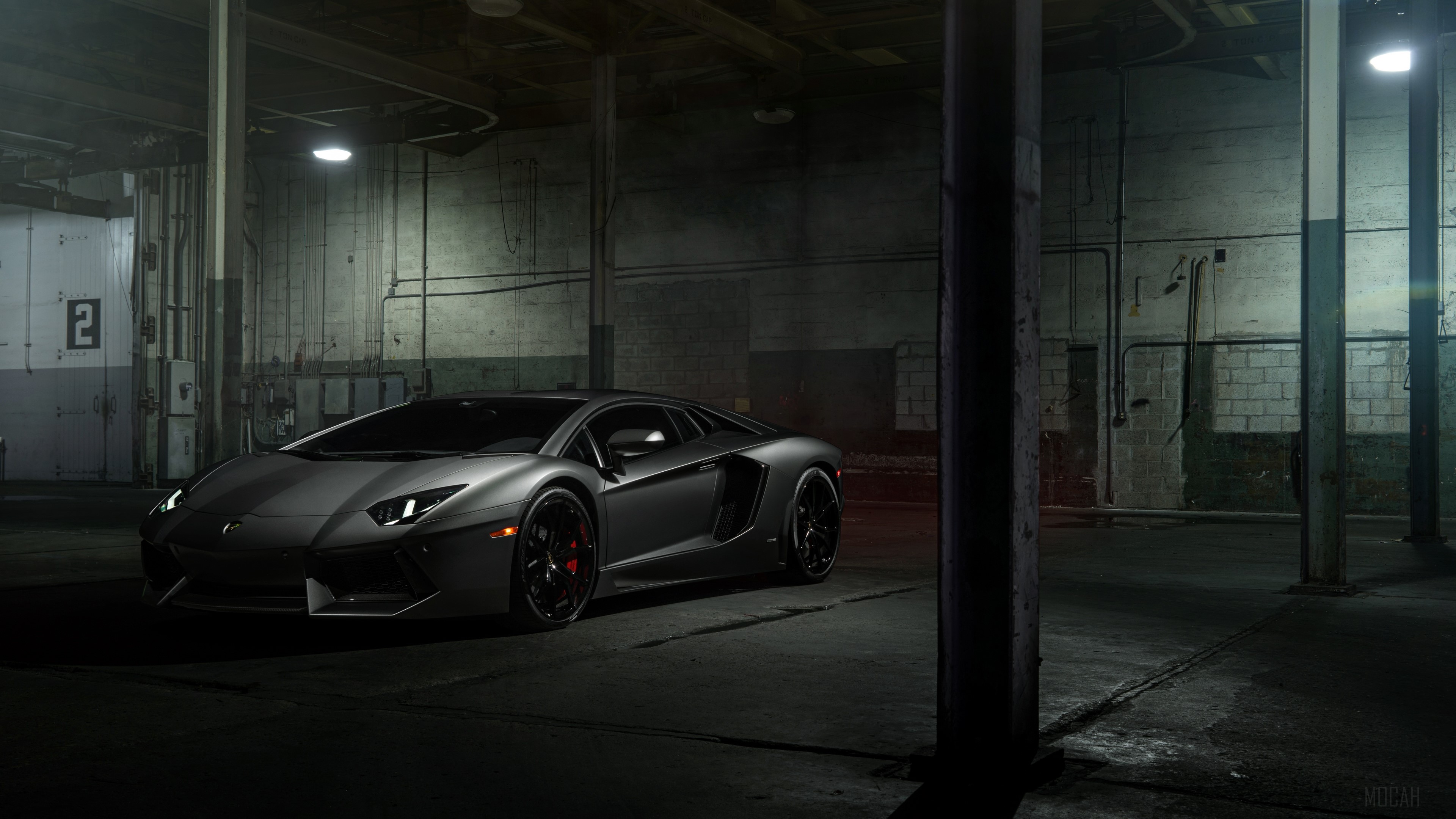 Lamborghini Aventador in a dark warehouse HD Wallpaper