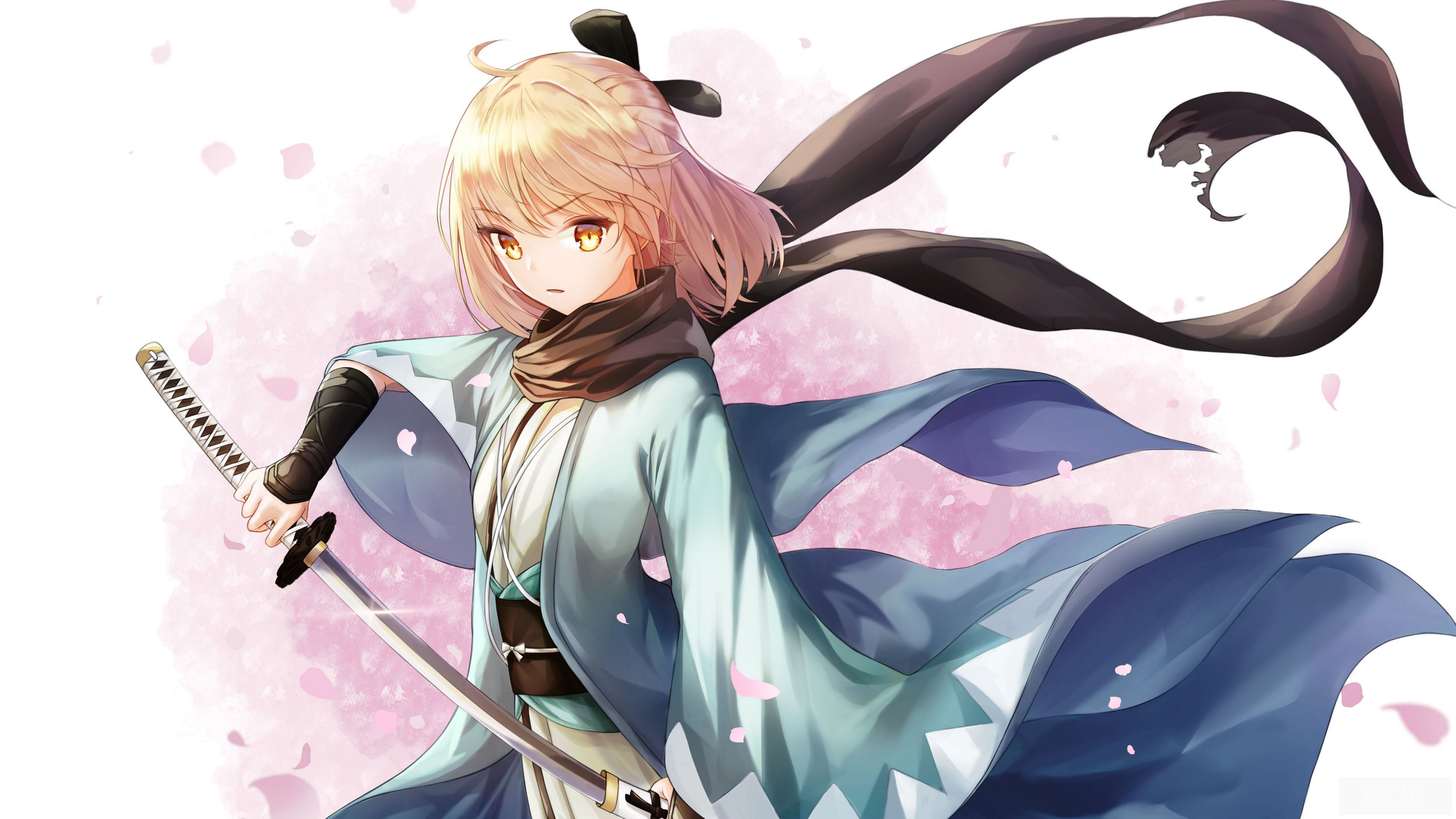 Sakura Saber with Blonde Hair and Yellow Eyes HD Wallpaper