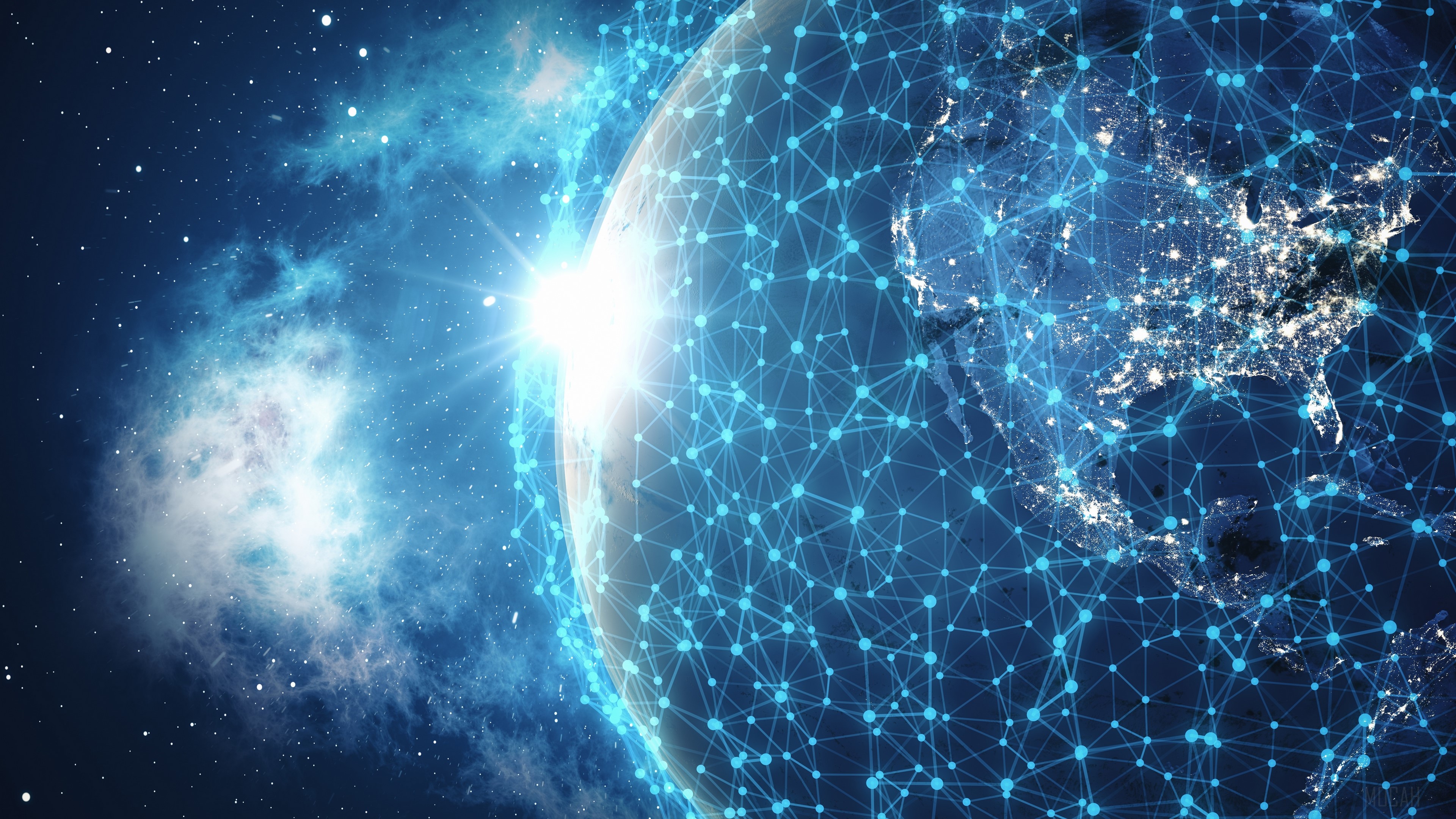 Earth connected by a digital network in space HD Wallpaper
