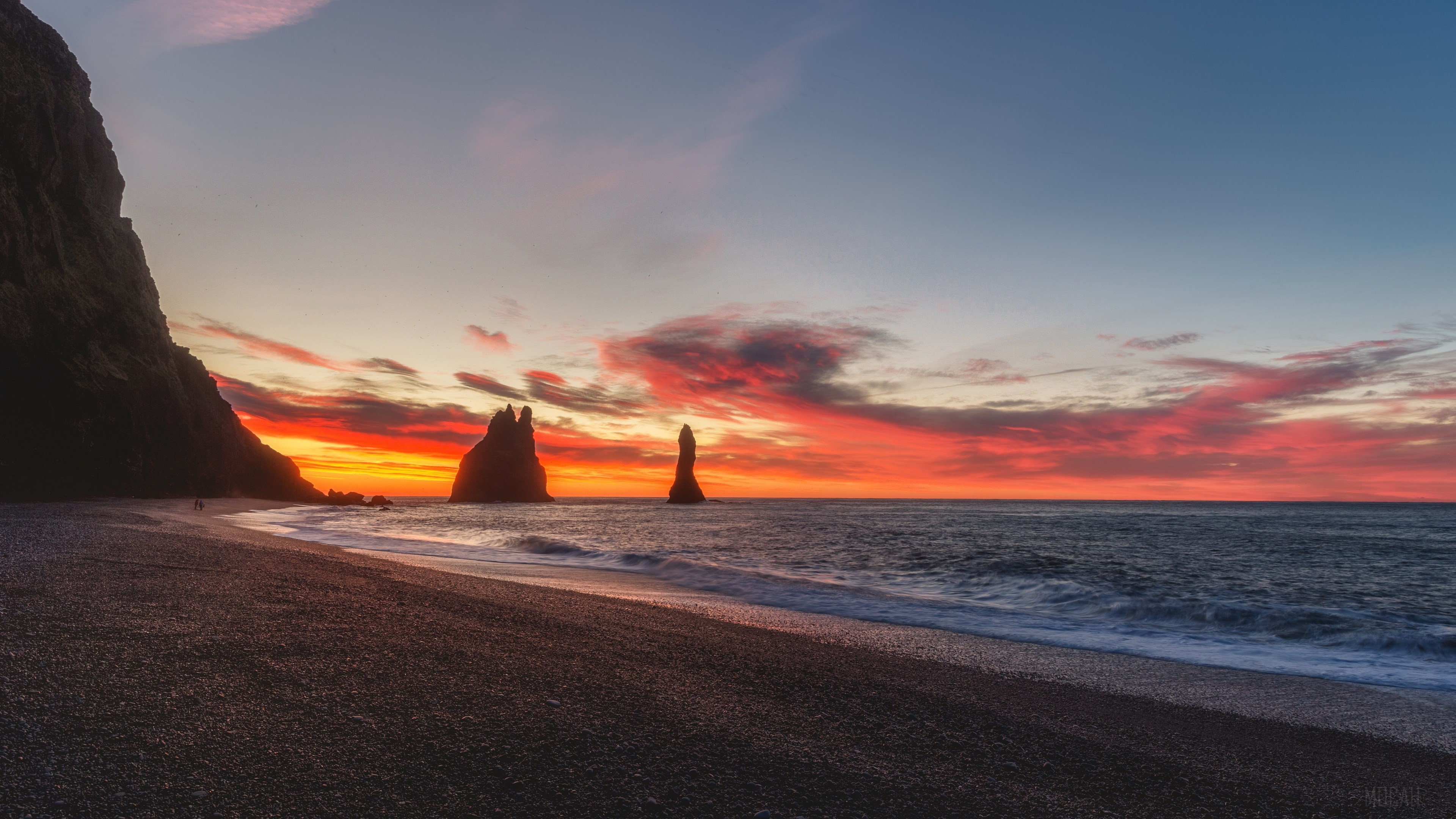 Black Sand Beach with Sea Stacks at Sunrise 4K HD Wallpaper