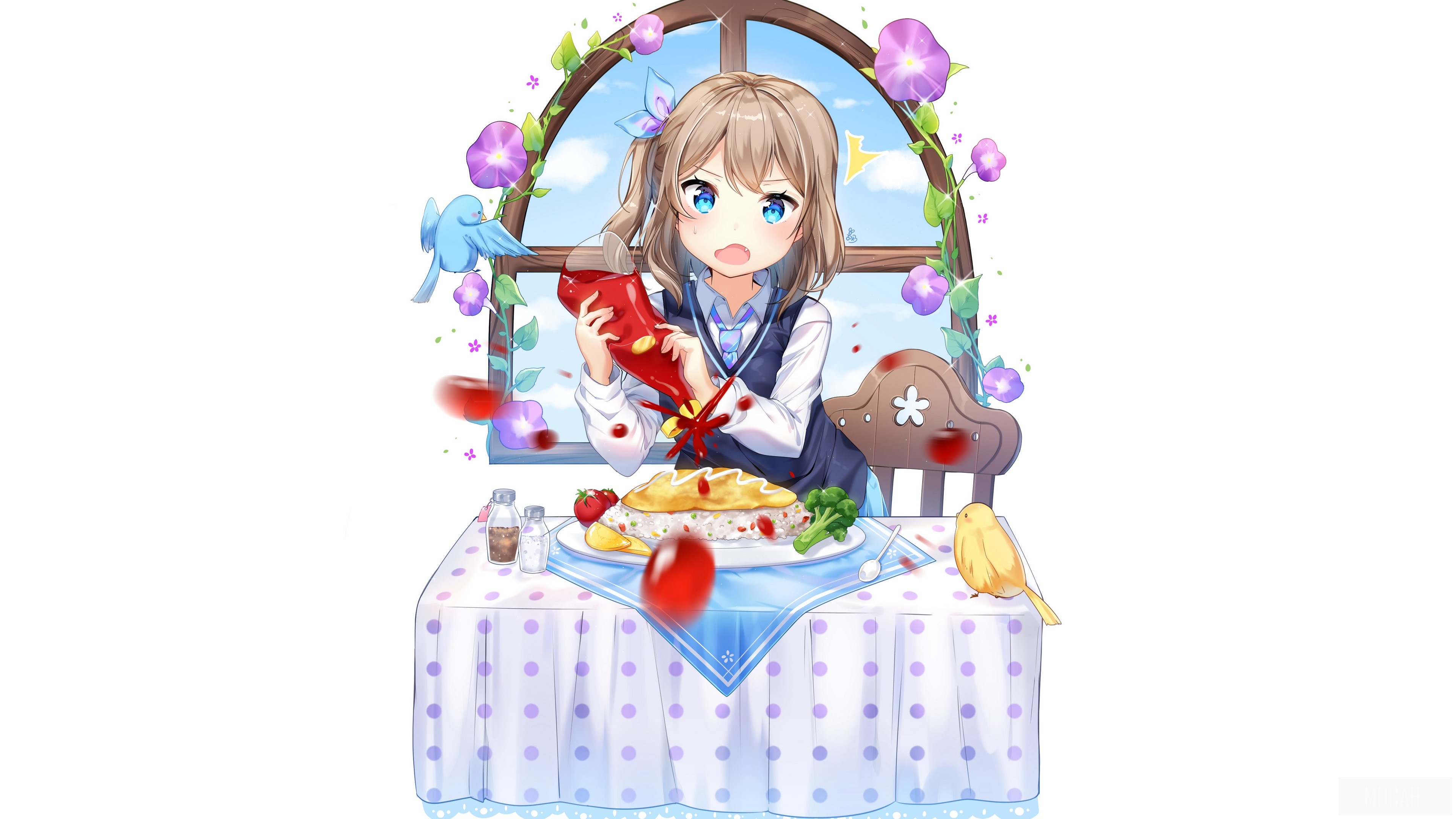 Girl adding ketchup to omurice HD Wallpaper