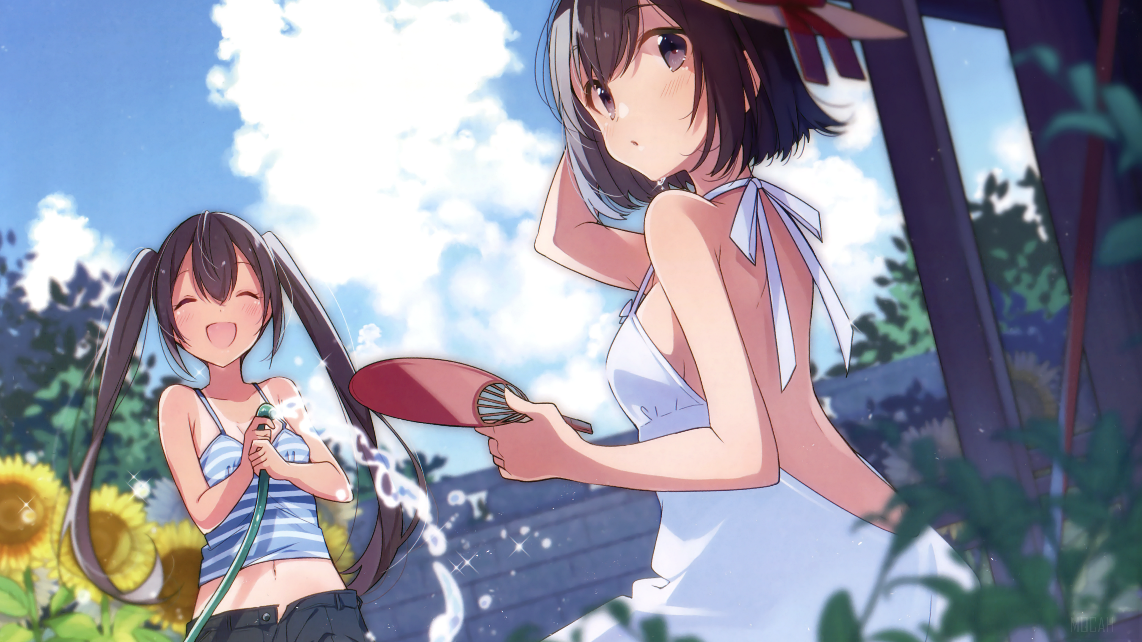 Two girls watering sunflowers on a sunny day HD Wallpaper