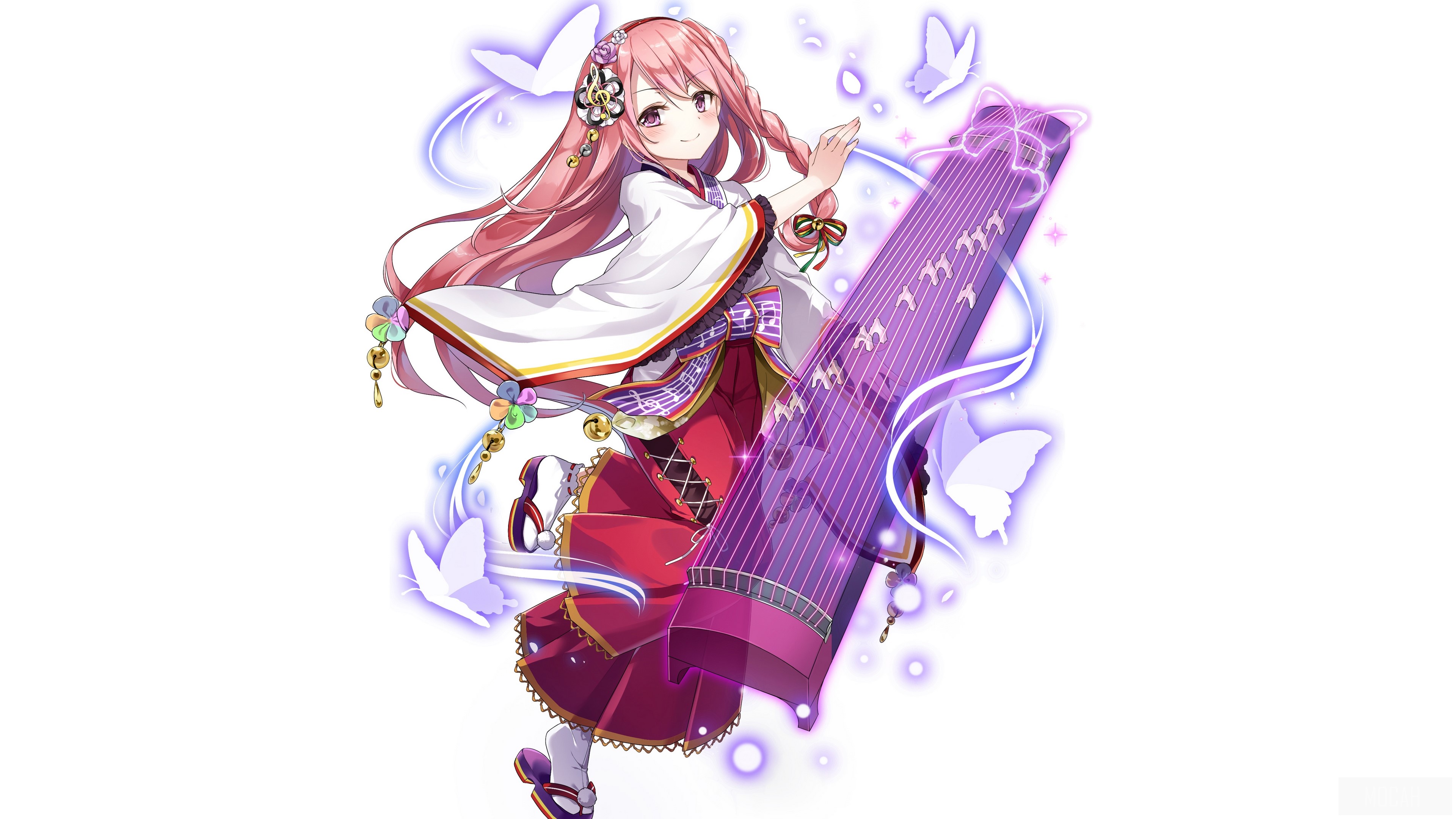 Anime girl with pink hair playing a koto HD Wallpaper