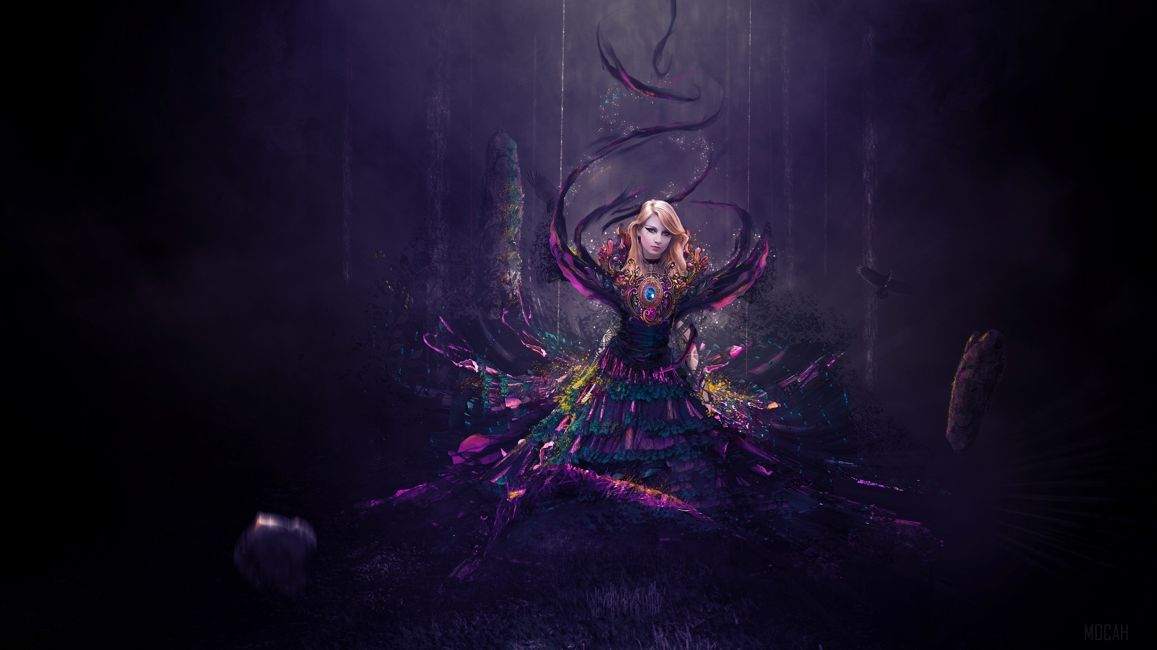 Woman in colorful dress in dark forest 4K HD Wallpaper