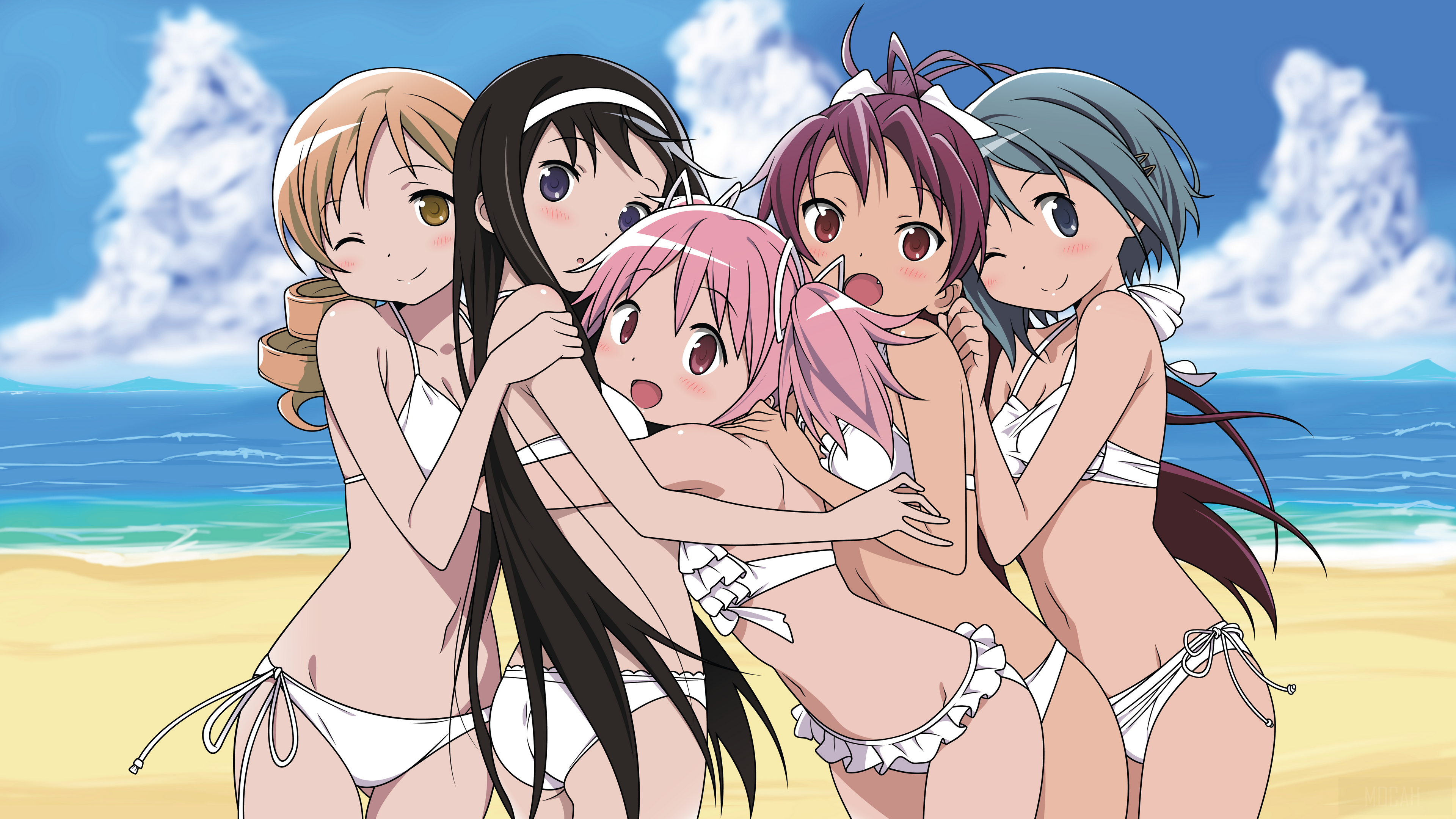 Madoka Magica girls on a beach 4K HD Wallpaper