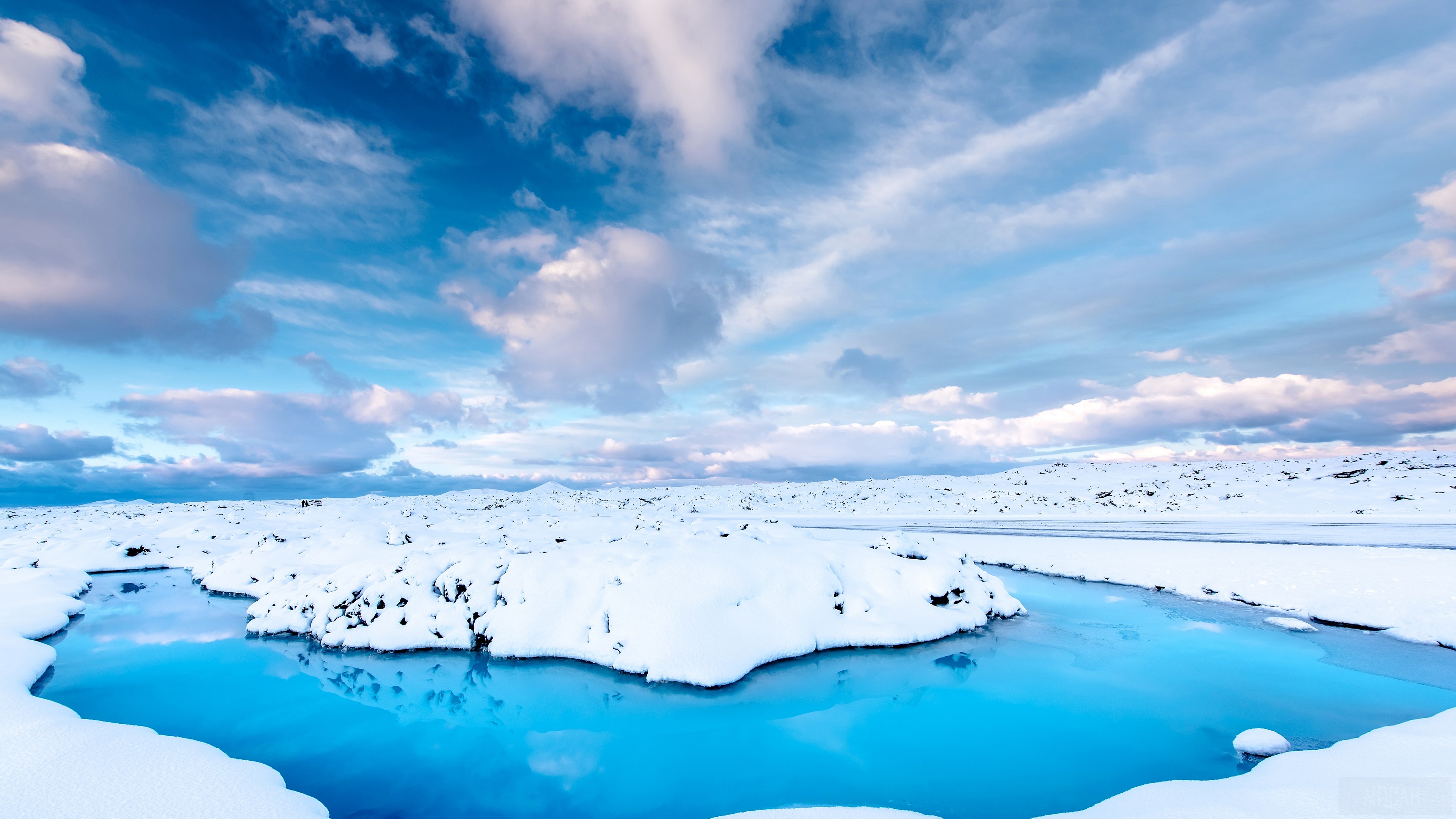 Winter Snowy Landscape with Bright Blue River 4K HD Wallpaper