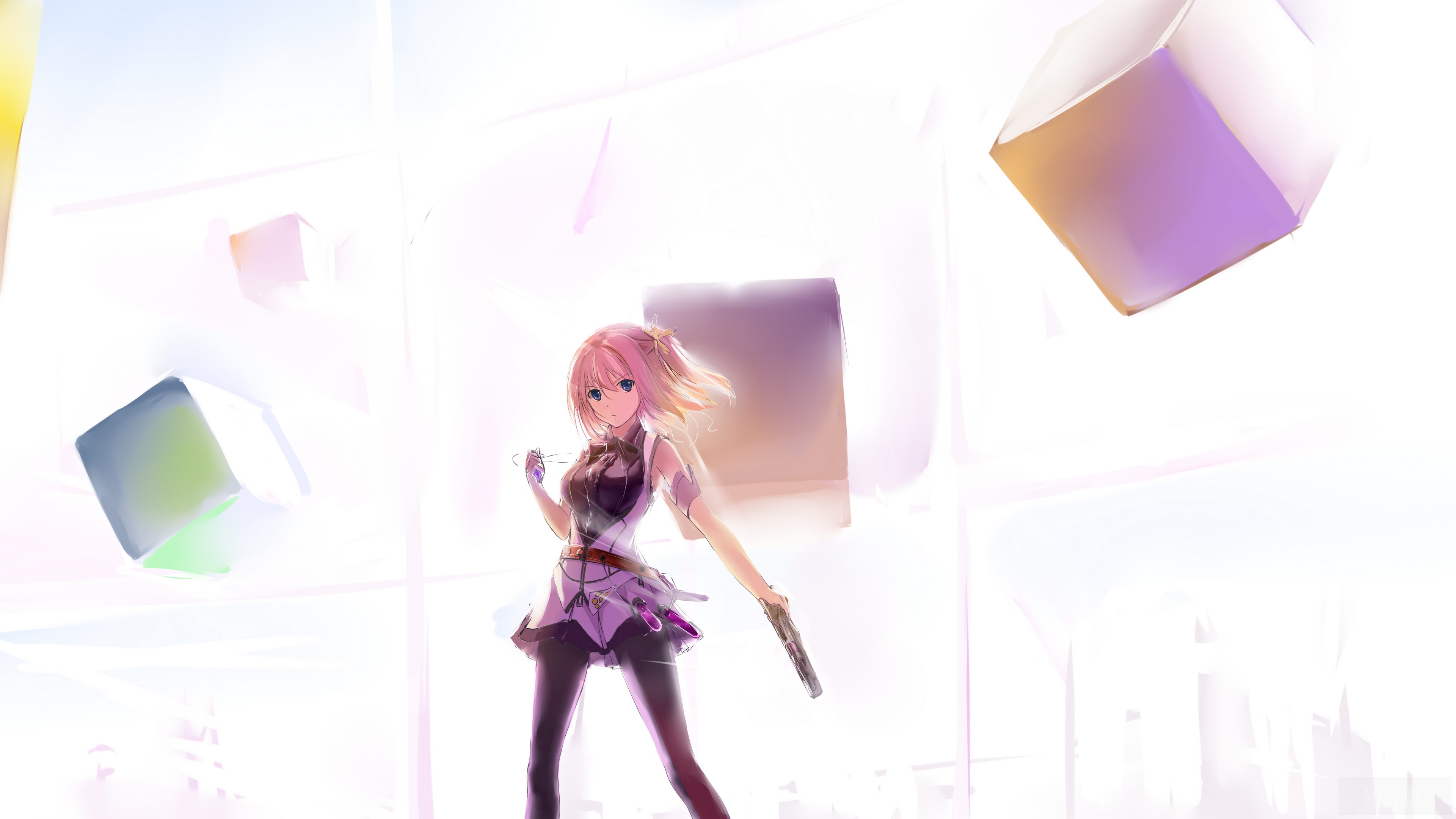 Anime girl with pink hair holding a gun HD Wallpaper