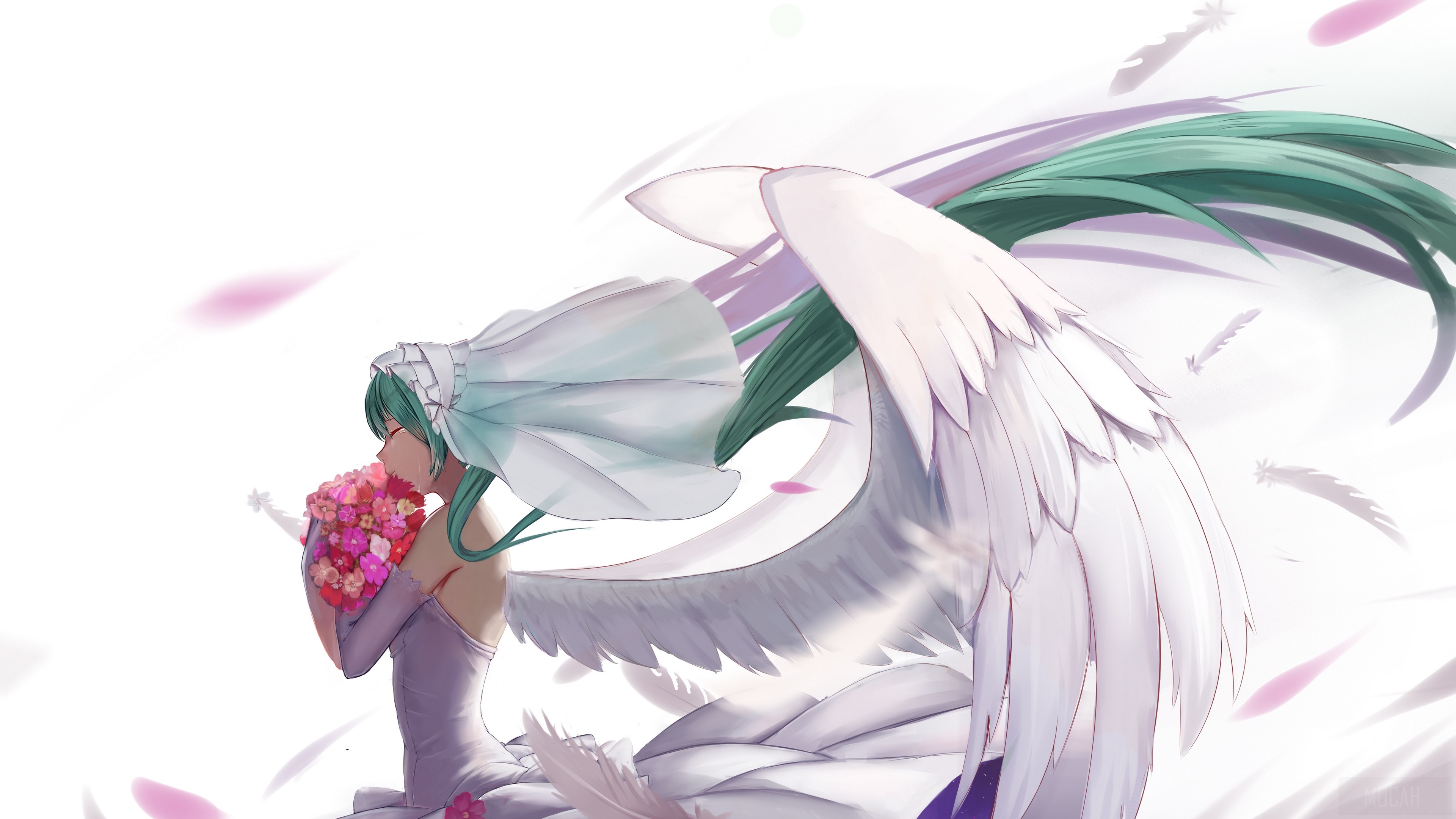 Angel Hatsune Miku in Wedding Dress with Bouquet 4K HD Wallpaper