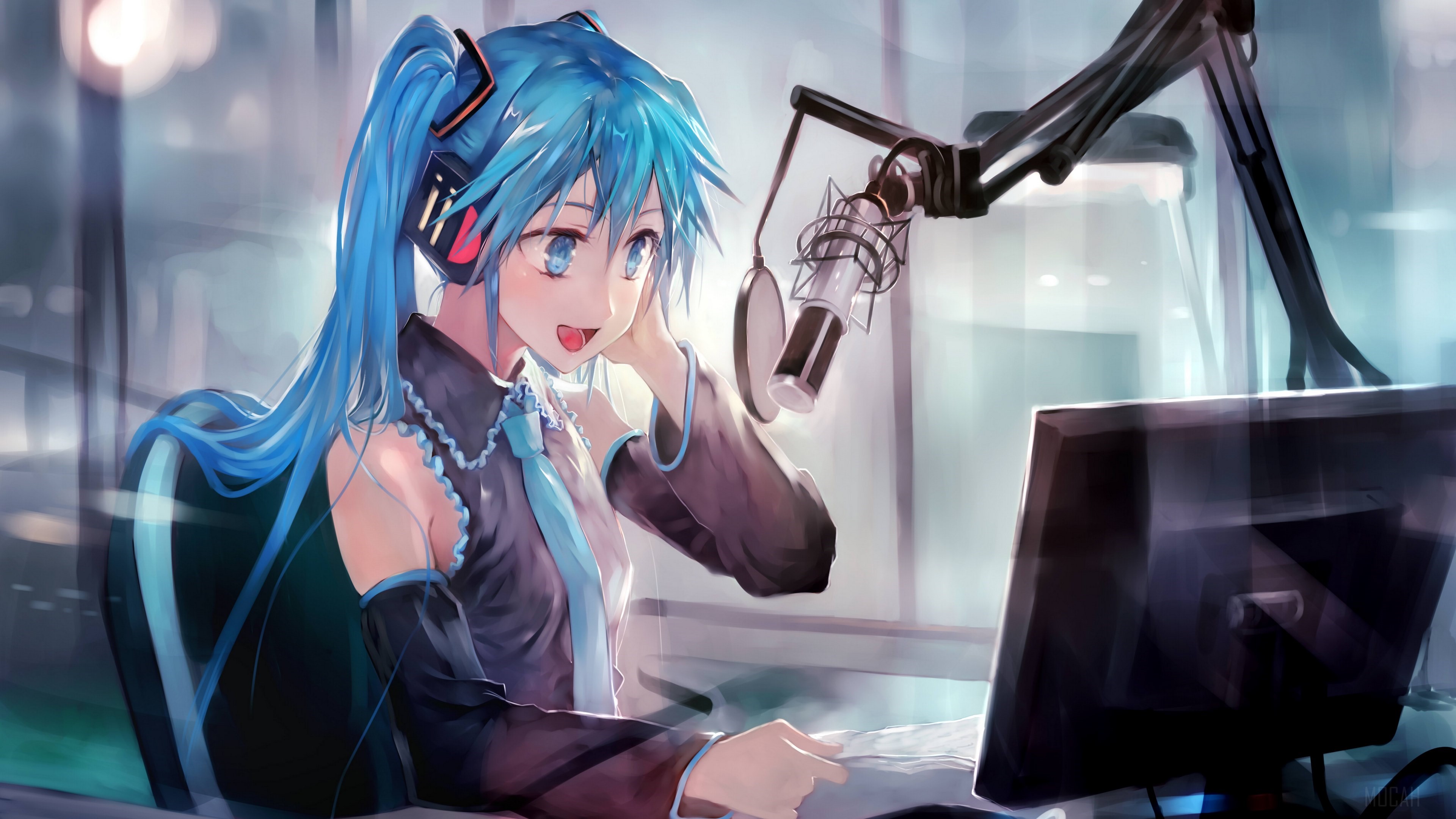Hatsune Miku in a recording studio 4K HD Wallpaper
