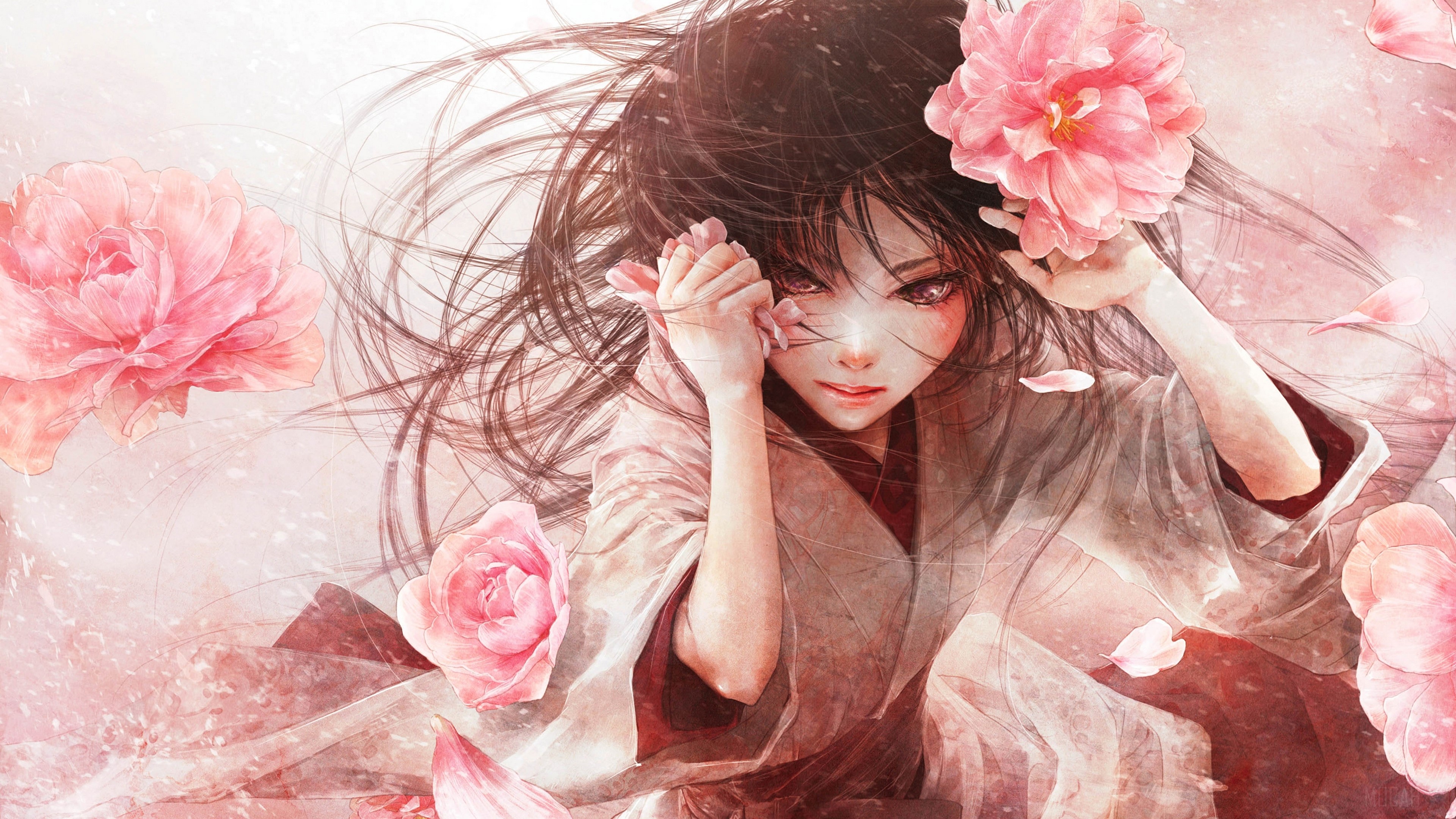 Anime girl with pink flowers HD Wallpaper