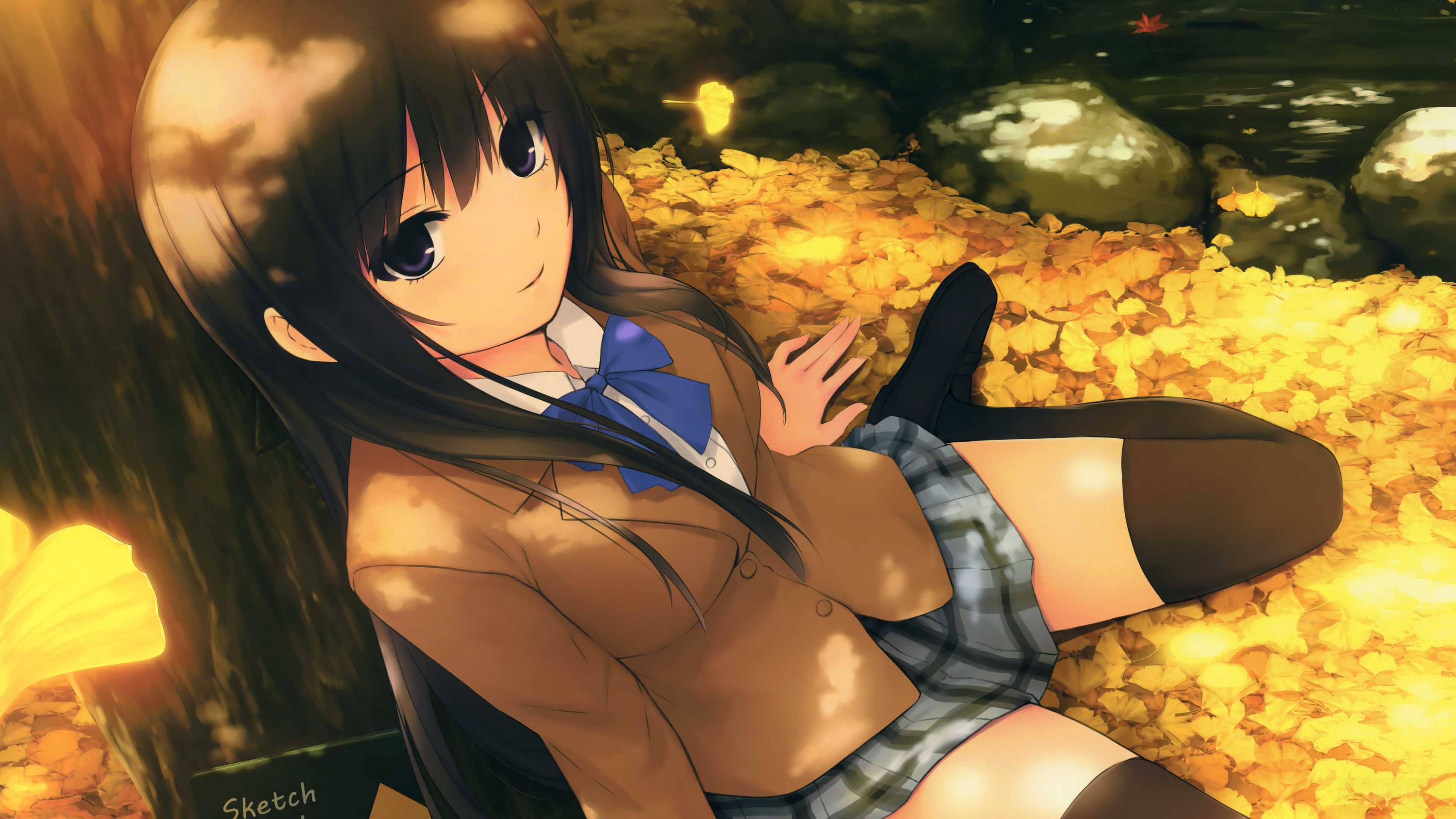 Girl in school uniform lying in autumn leaves HD Wallpaper