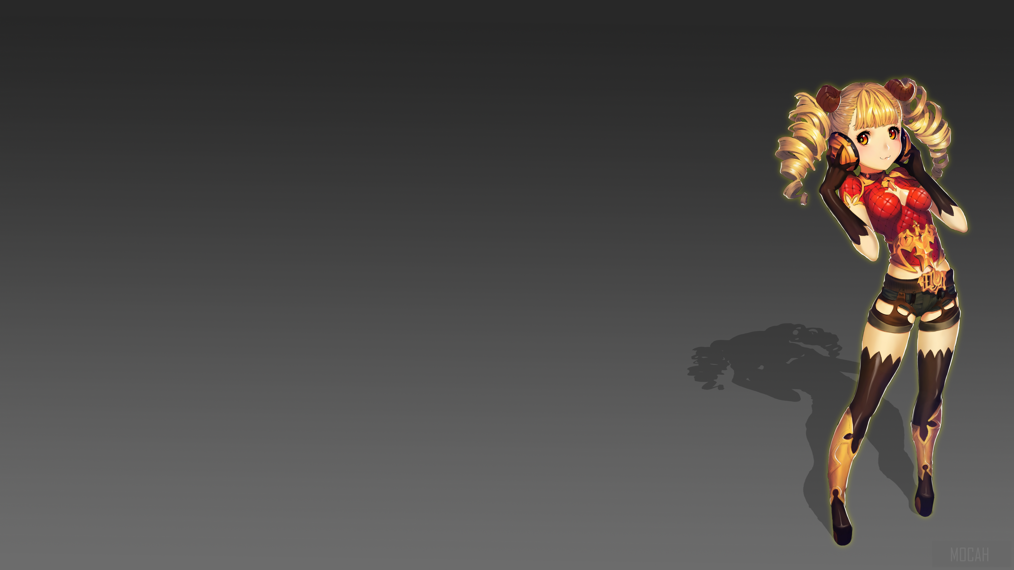 Anime girl with blonde pigtails and fiery outfit HD Wallpaper