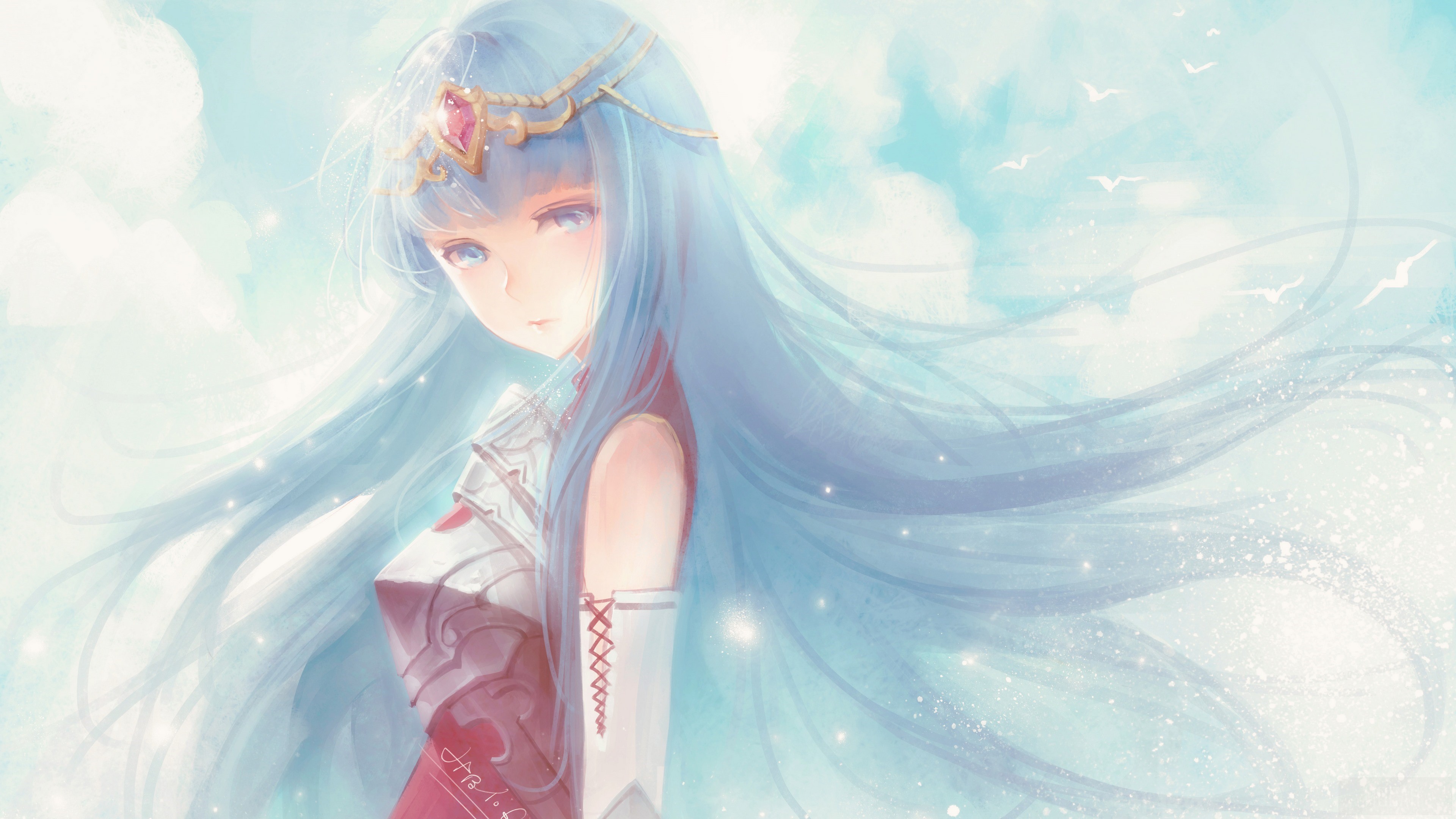 Anime girl with blue hair and armor HD Wallpaper
