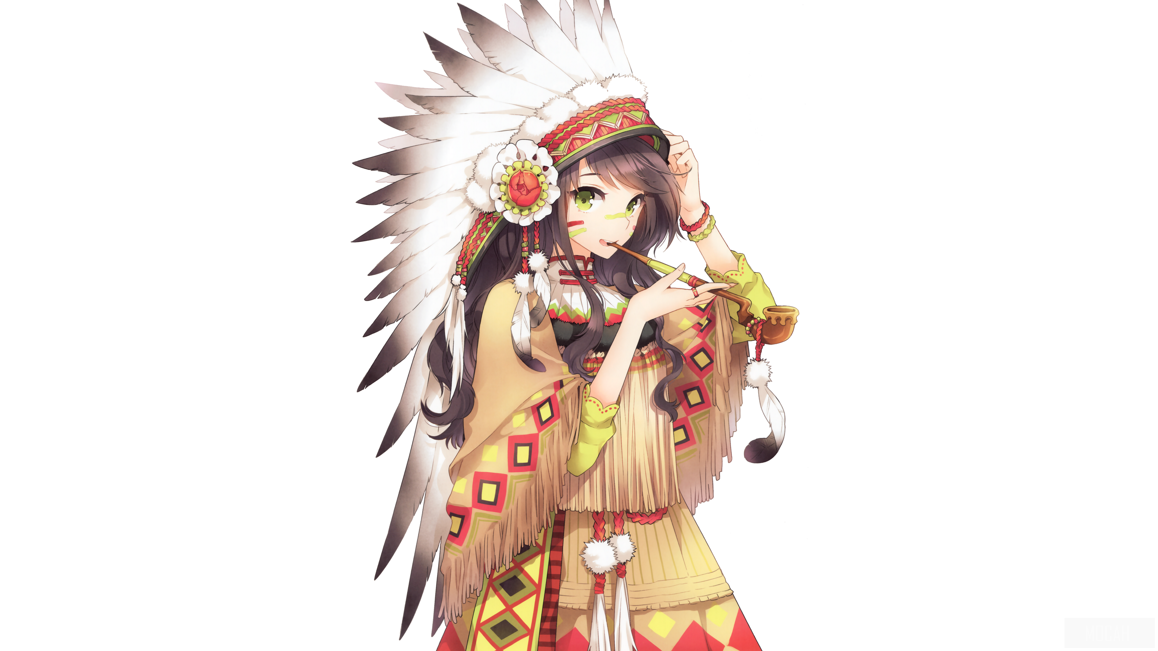 Anime girl in Native American headdress holding a pipe HD Wallpaper