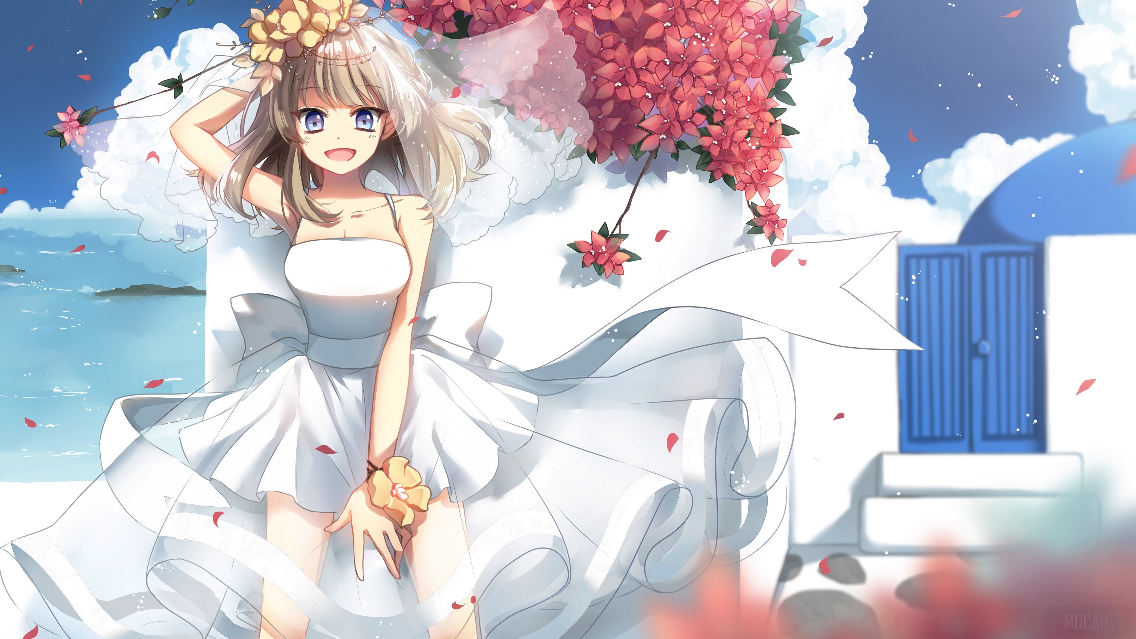 Anime girl in white dress with flowers HD Wallpaper