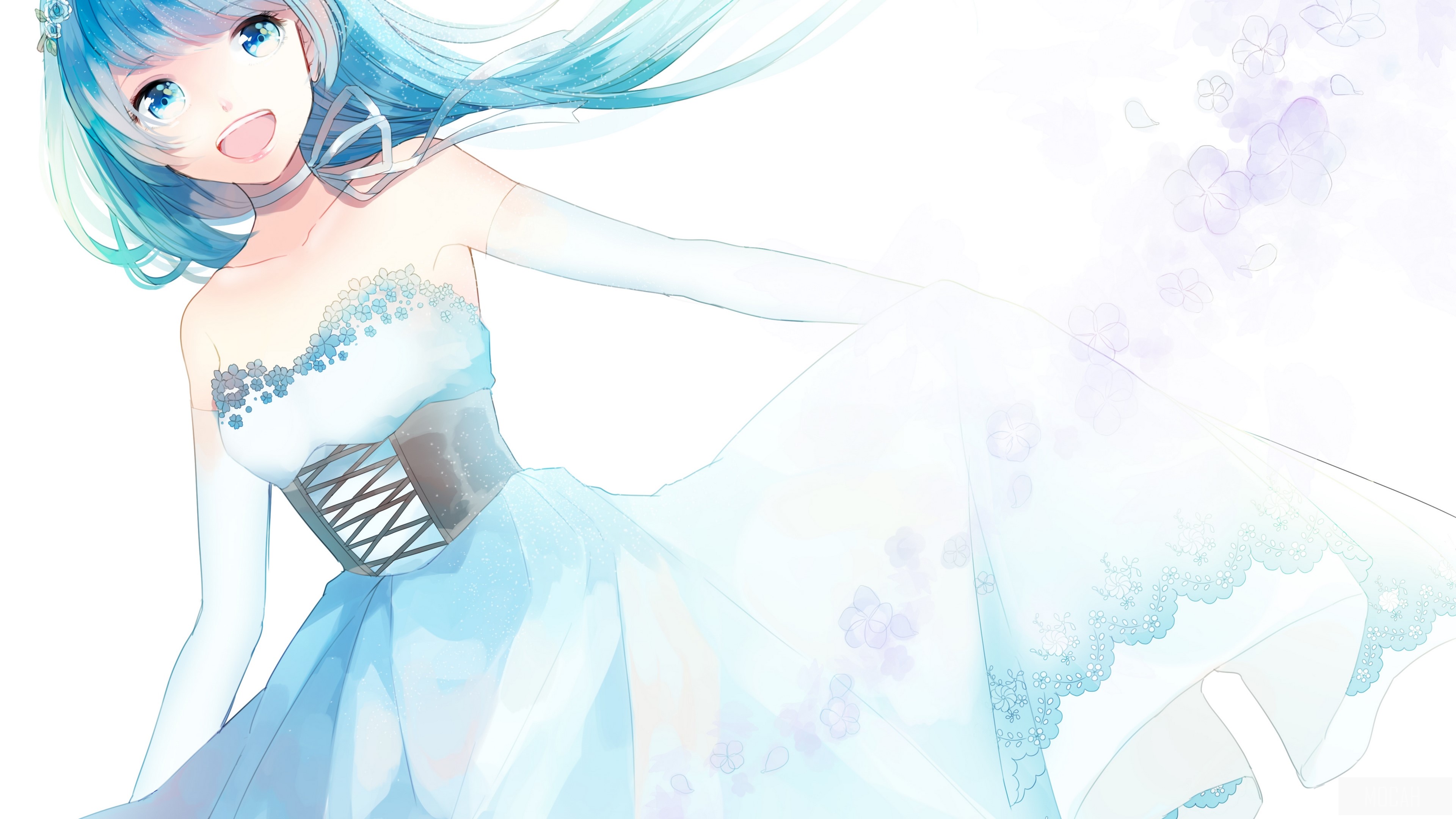 Anime girl in a white dress with blue hair HD Wallpaper