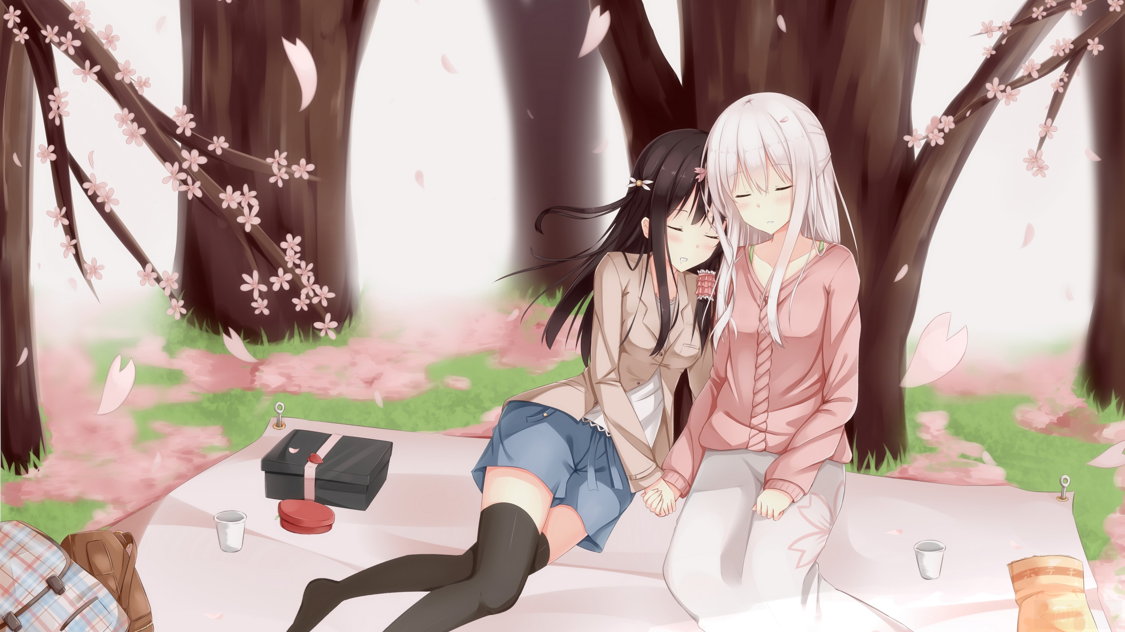 Two girls sleeping under cherry blossoms HD Wallpaper