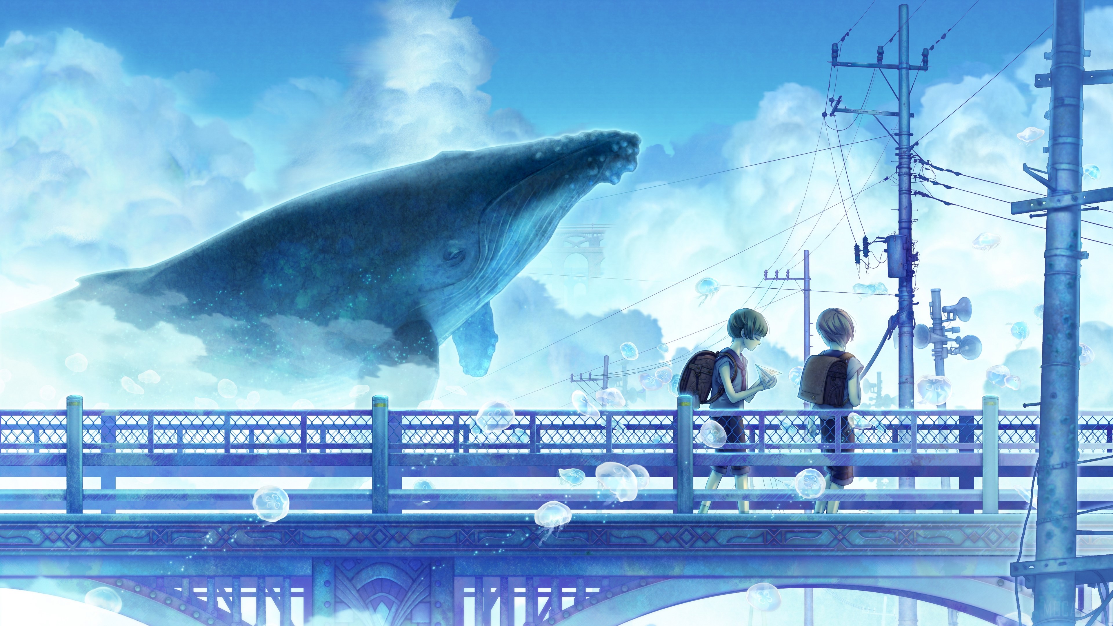 Whale in the Sky over Bridge with Children HD Wallpaper