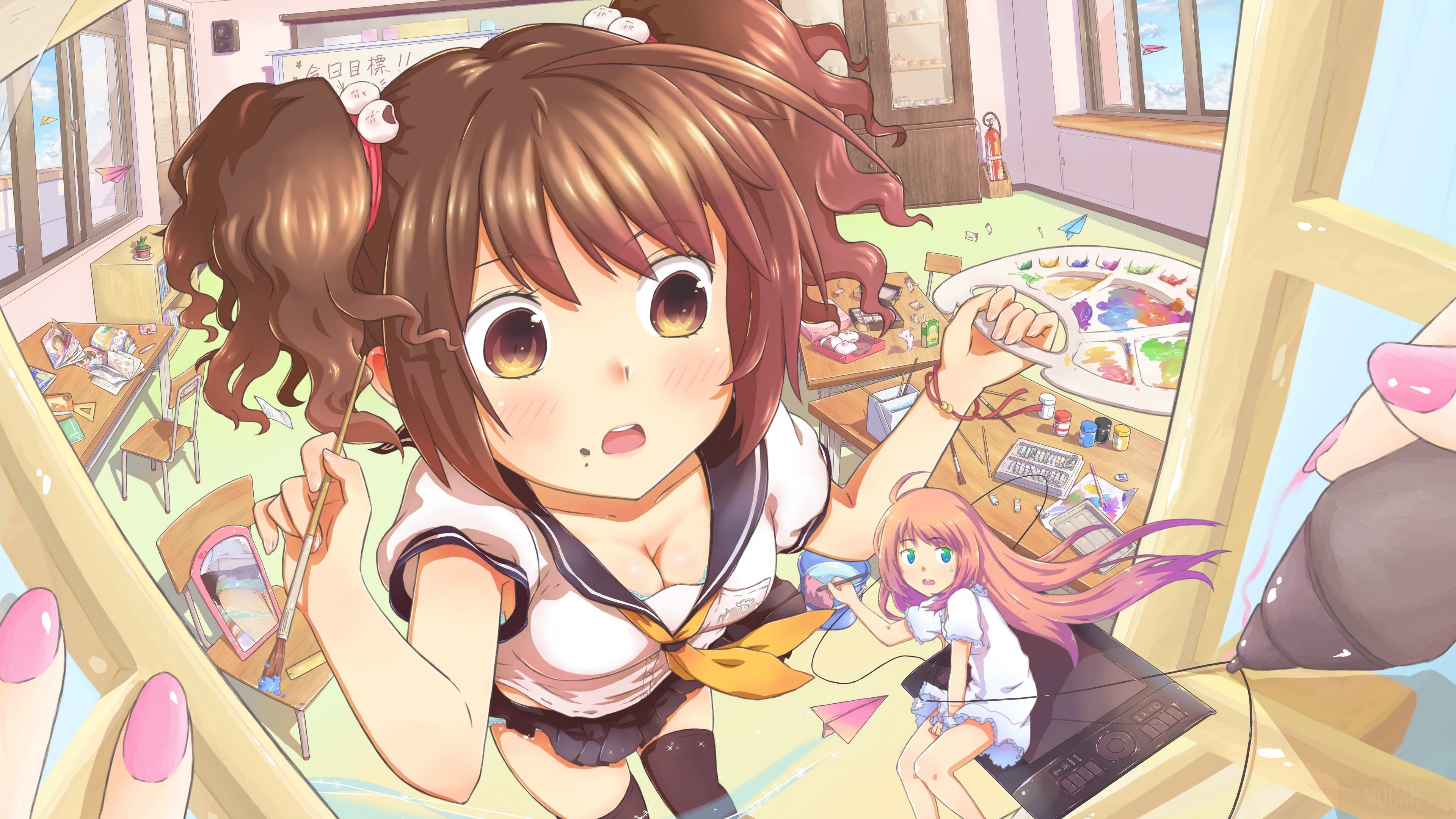 Anime girls painting in art classroom HD Wallpaper