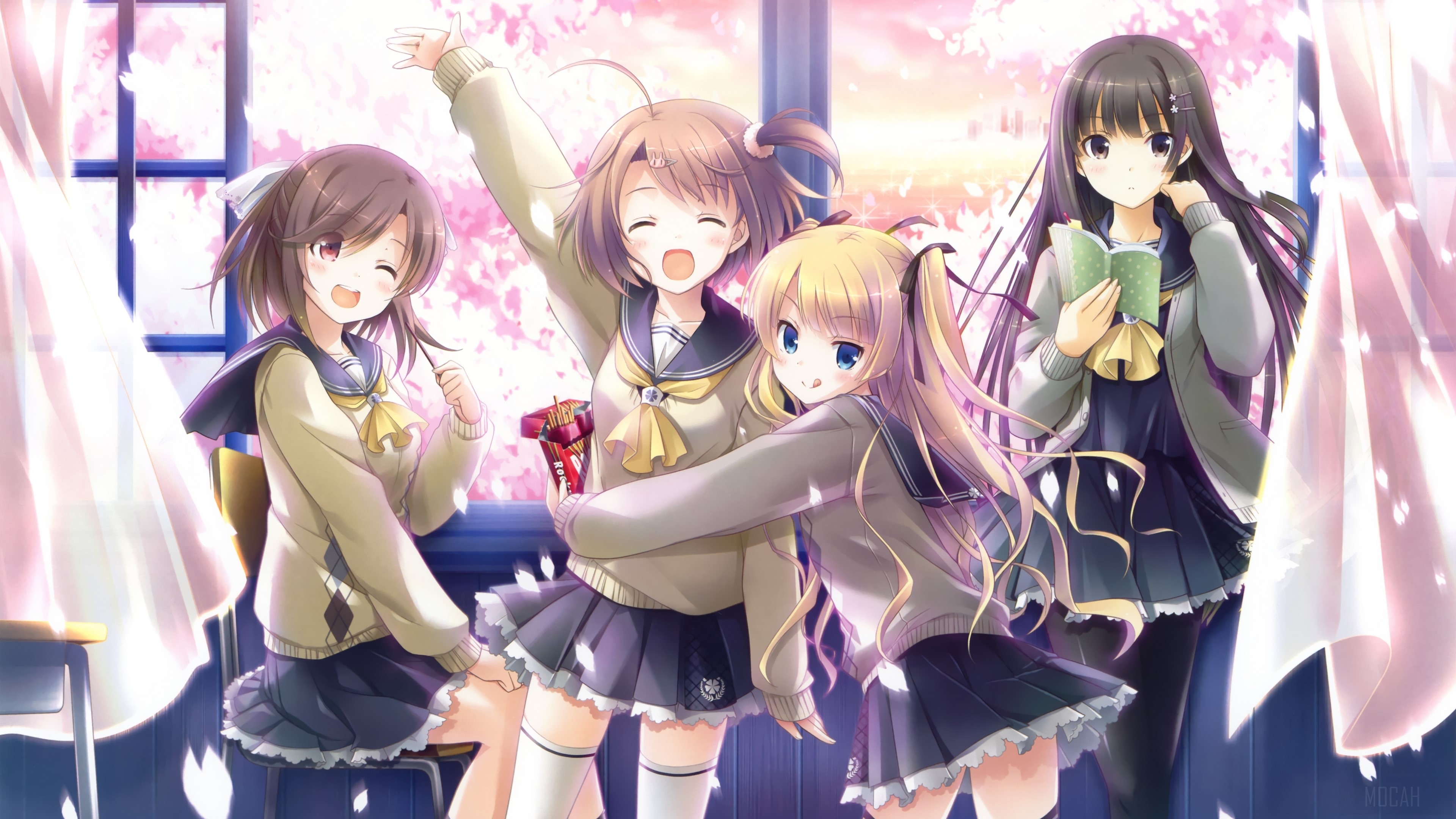 Four anime schoolgirls under cherry blossoms HD Wallpaper