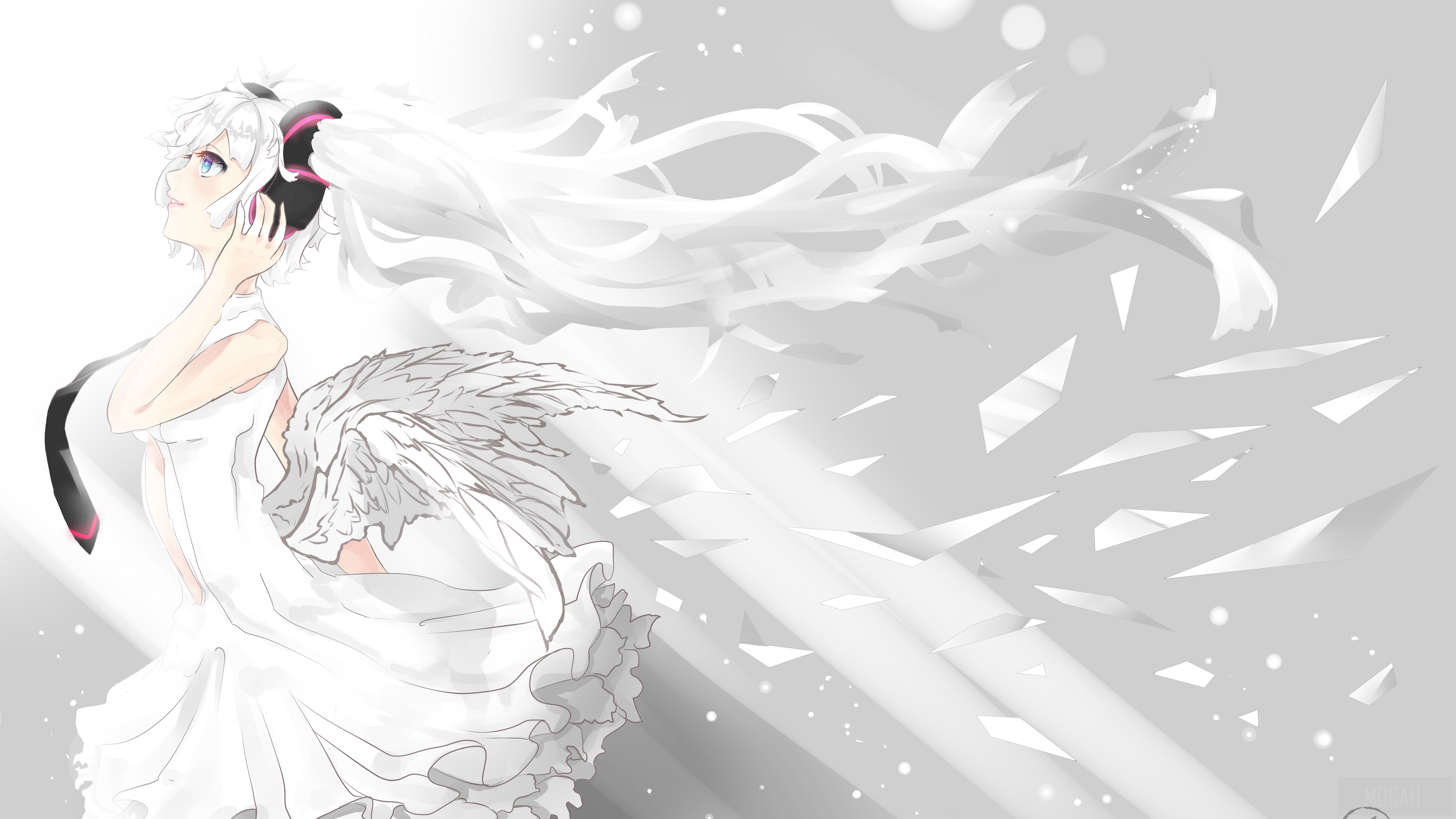 Hatsune Miku with white wings and headphones HD Wallpaper