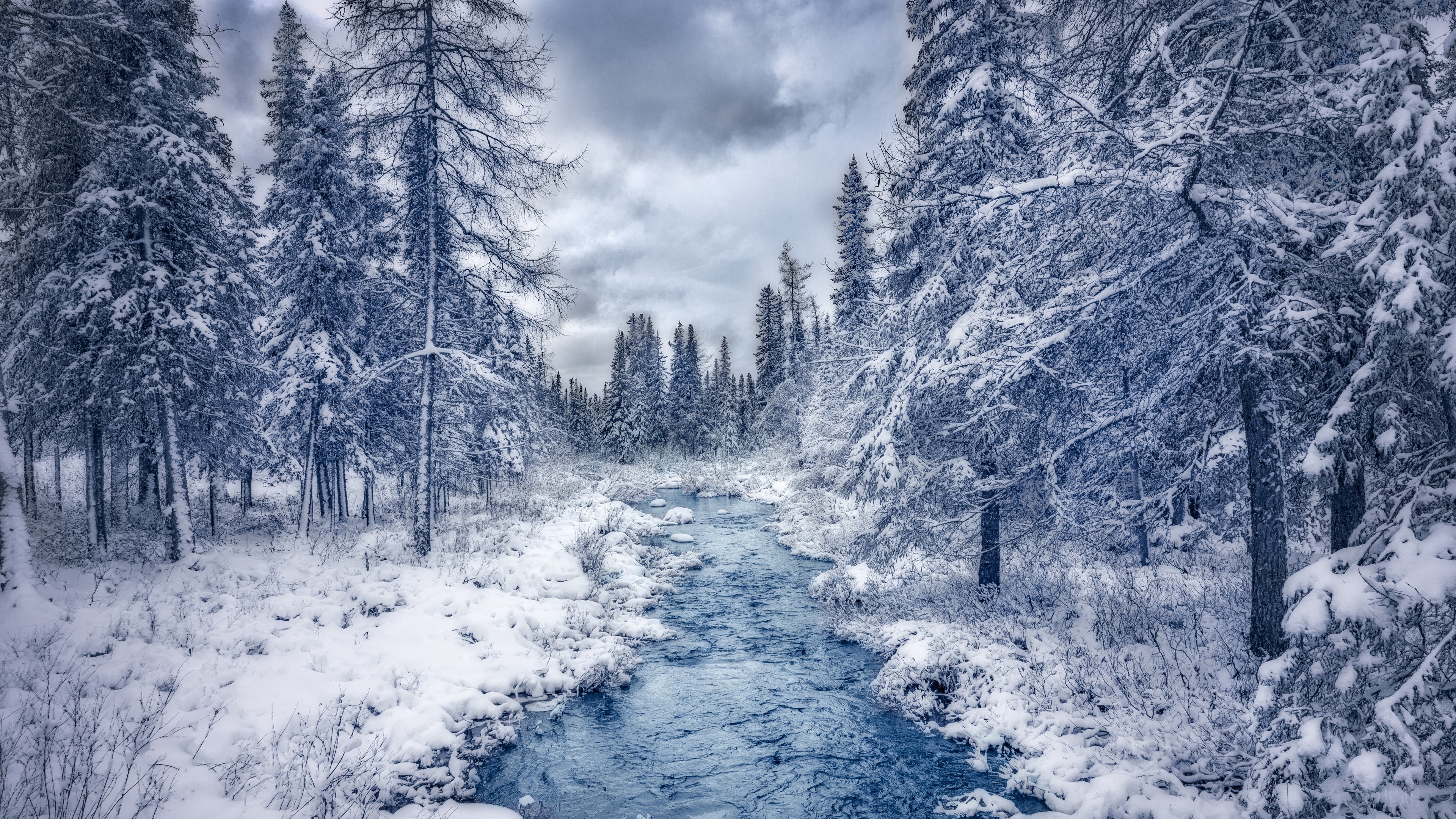 Snowy Forest with River 4K HD Wallpaper