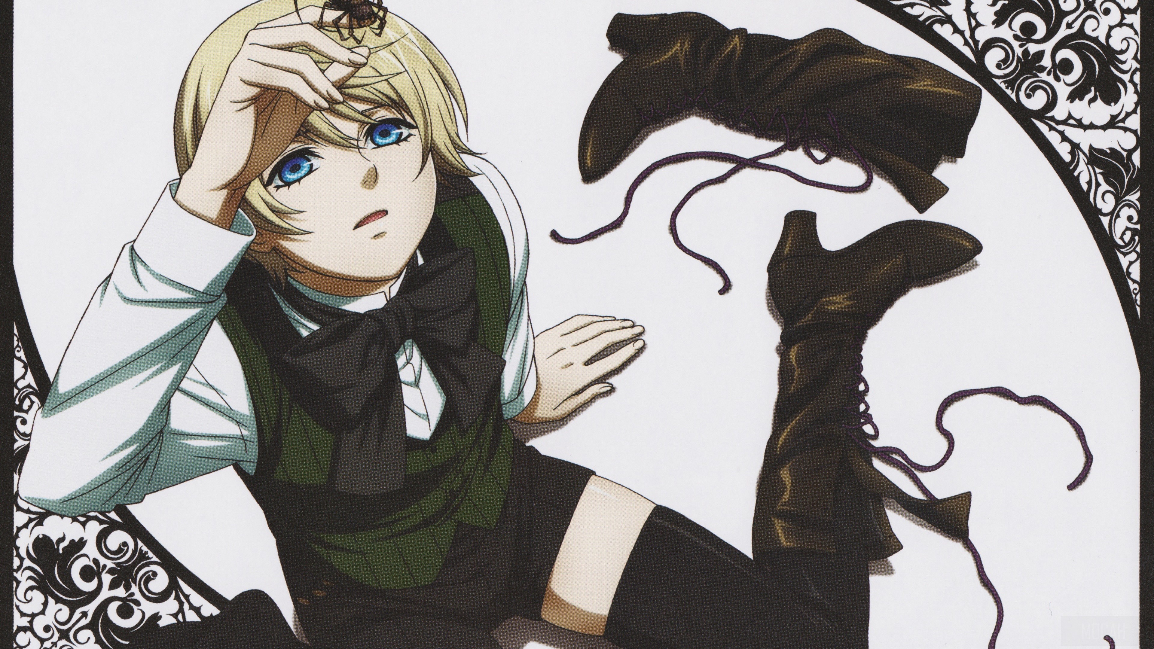 A young boy with blonde hair and blue eyes, a spider on his hand, and dark boots HD Wallpaper