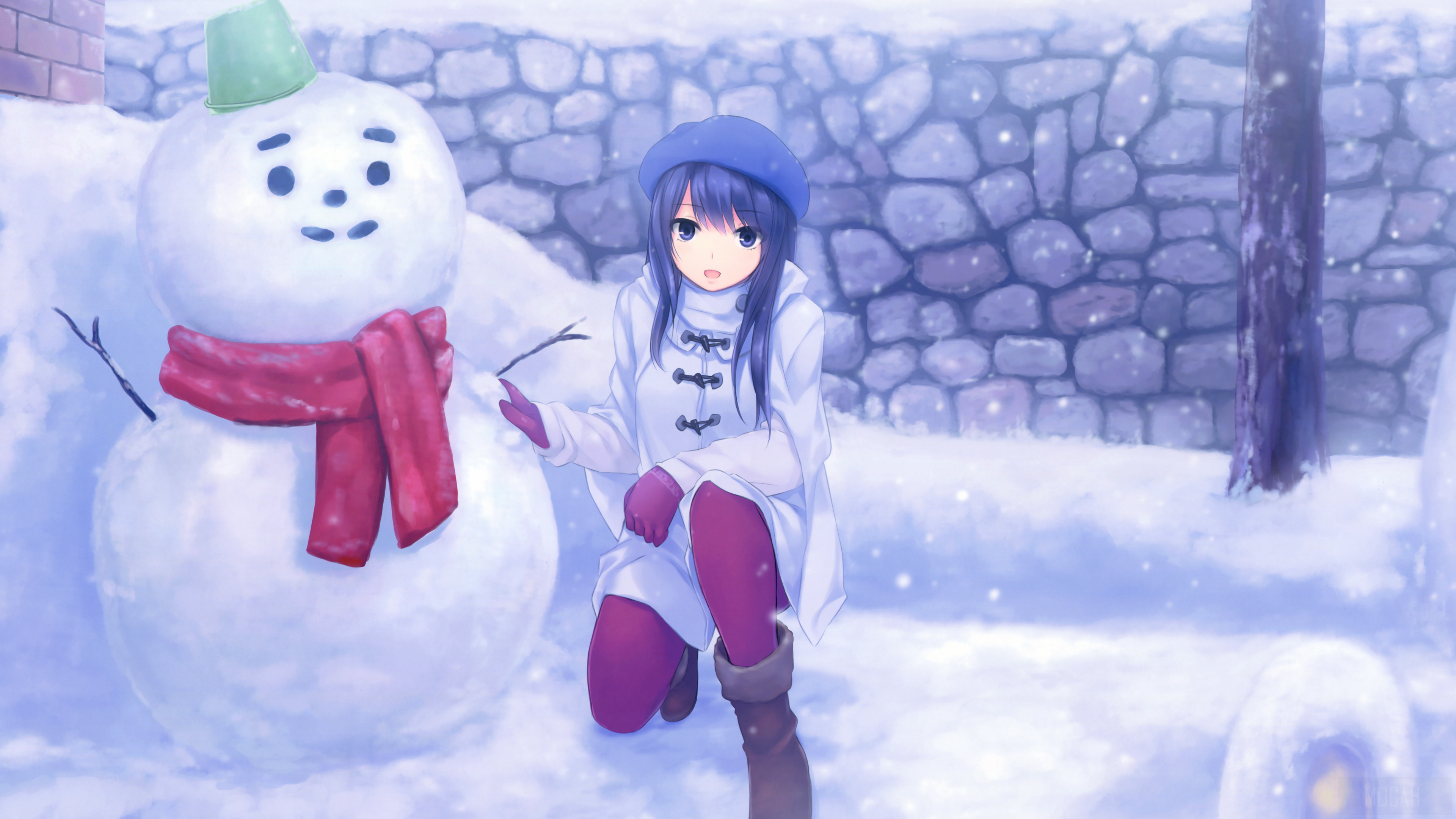 Girl building a snowman in winter HD Wallpaper