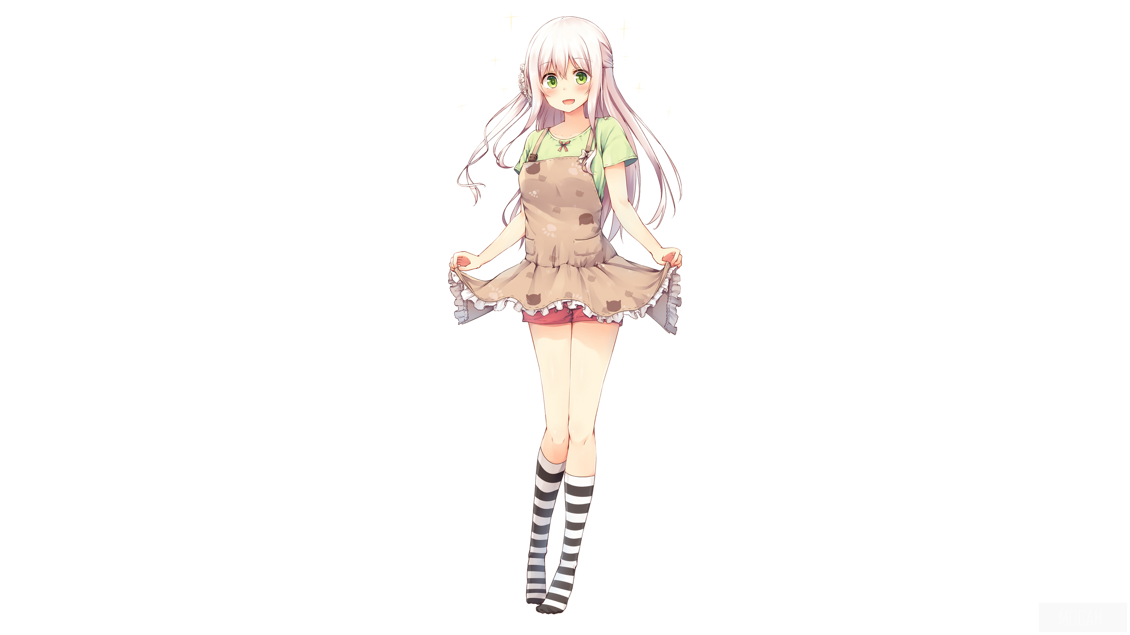 Anime girl with apron and striped socks HD Wallpaper