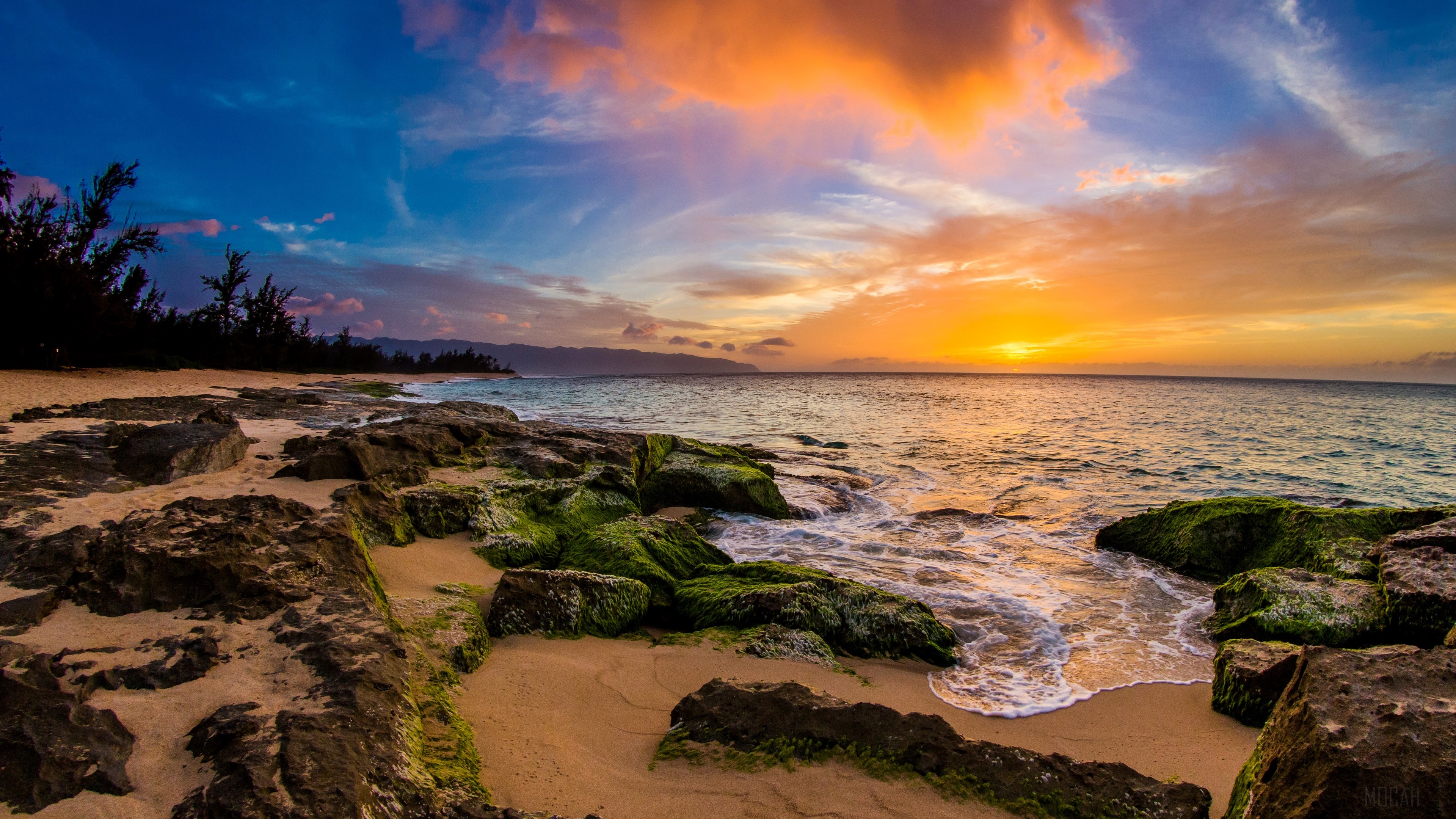Beach with Rocks and Ocean at Sunrise 4K HD Wallpaper