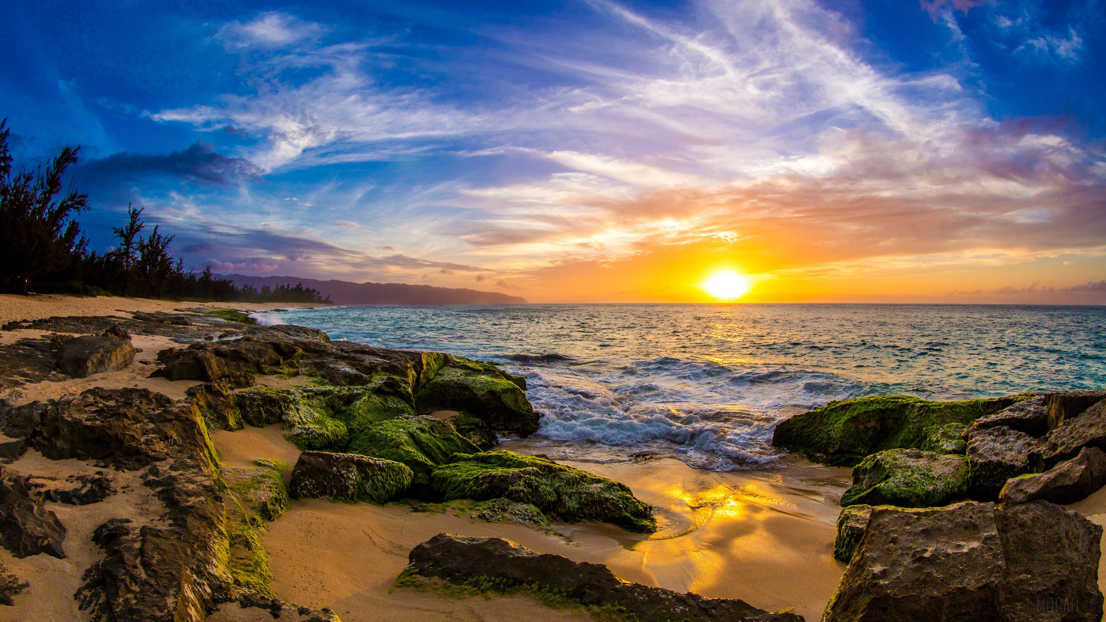 Sunset over the ocean with mossy rocks HD Wallpaper