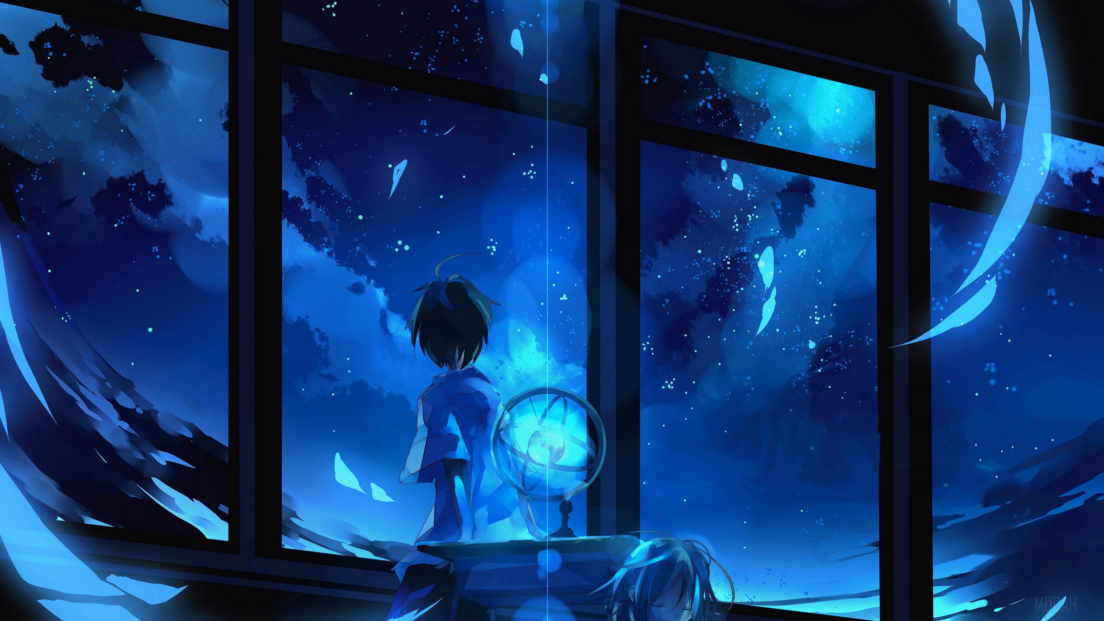 Two anime characters looking out a window at a starry night sky HD Wallpaper