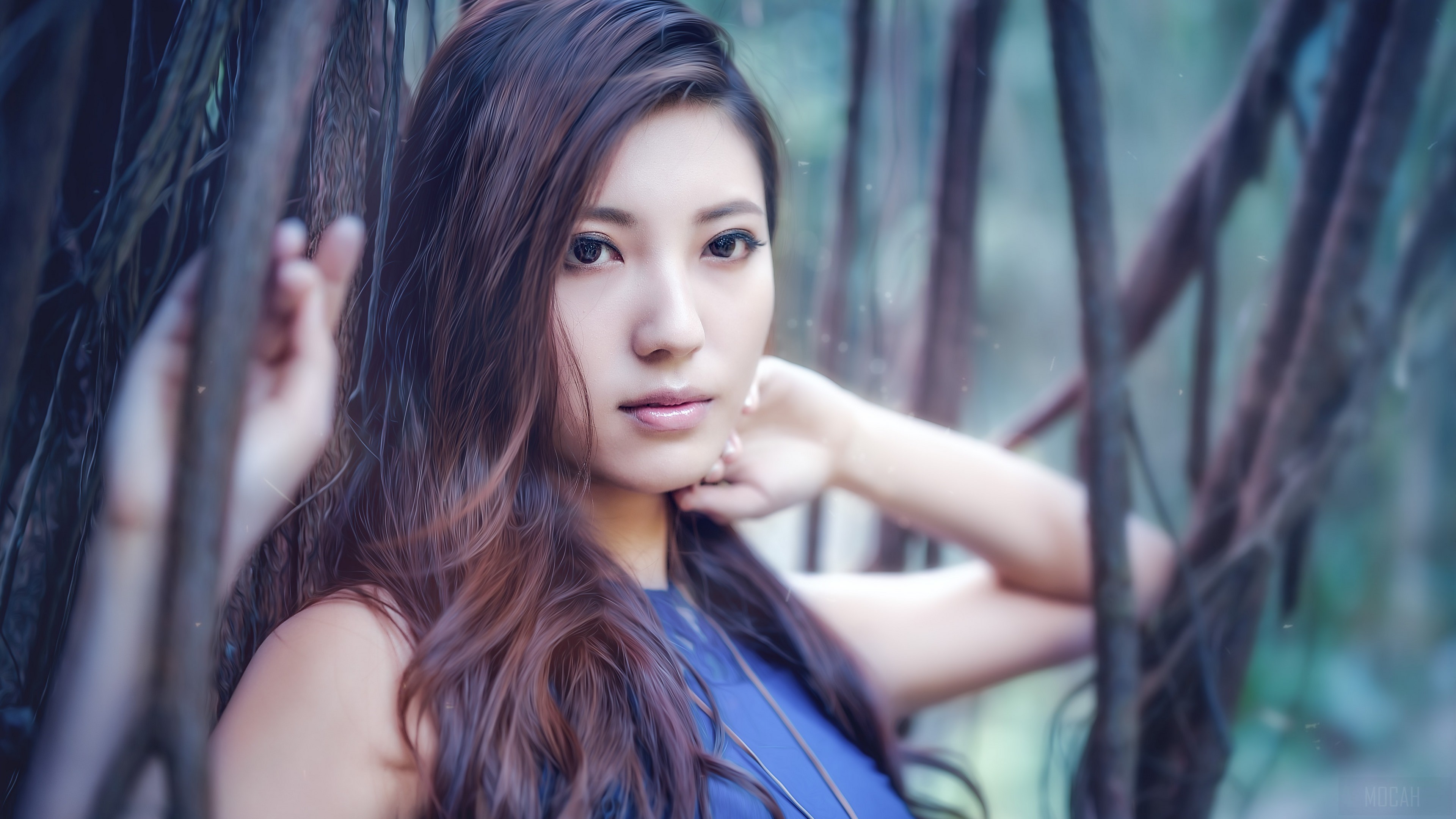 Woman in blue dress among tree roots HD Wallpaper