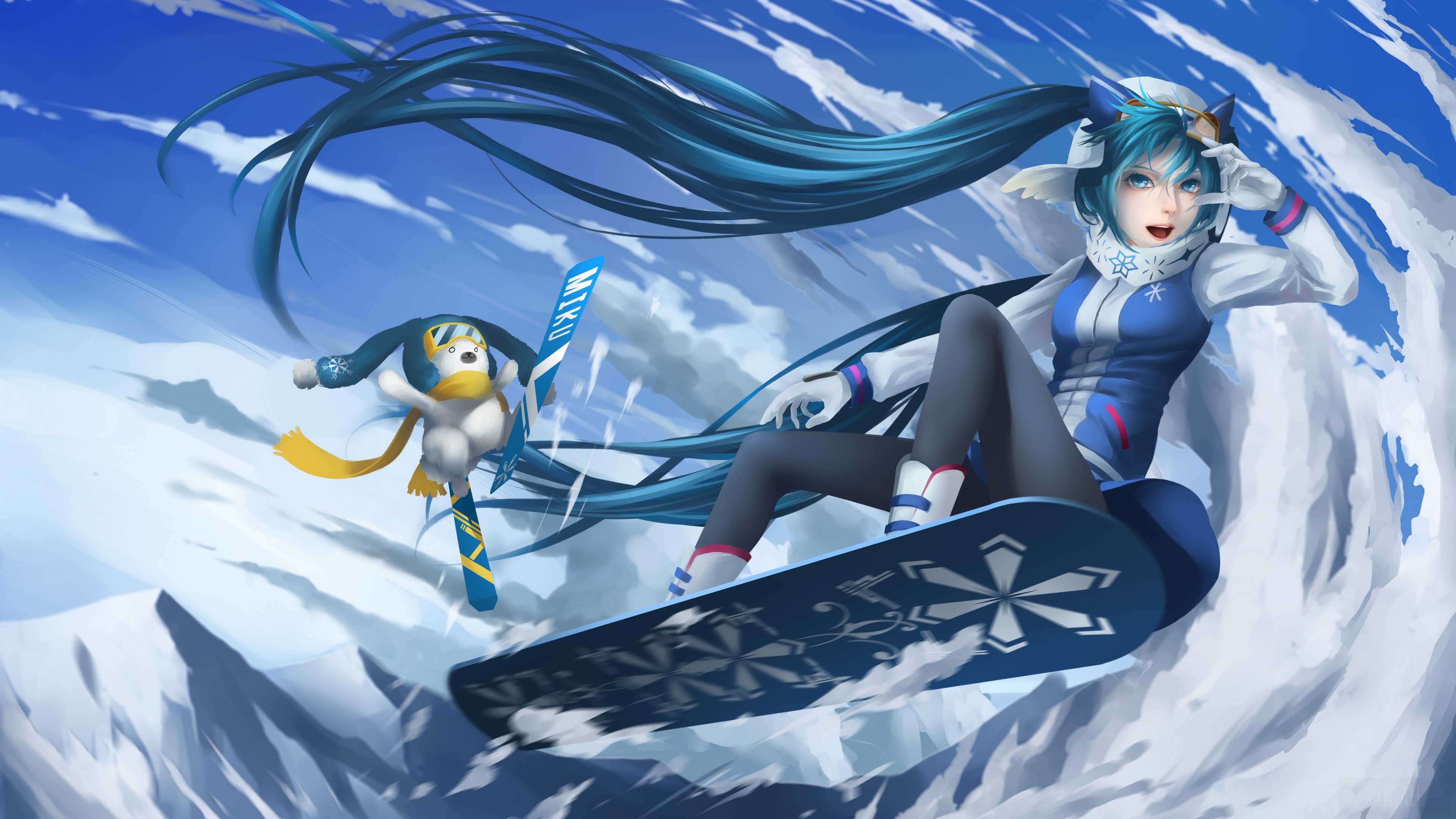 Hatsune Miku snowboarding with a penguin character HD Wallpaper