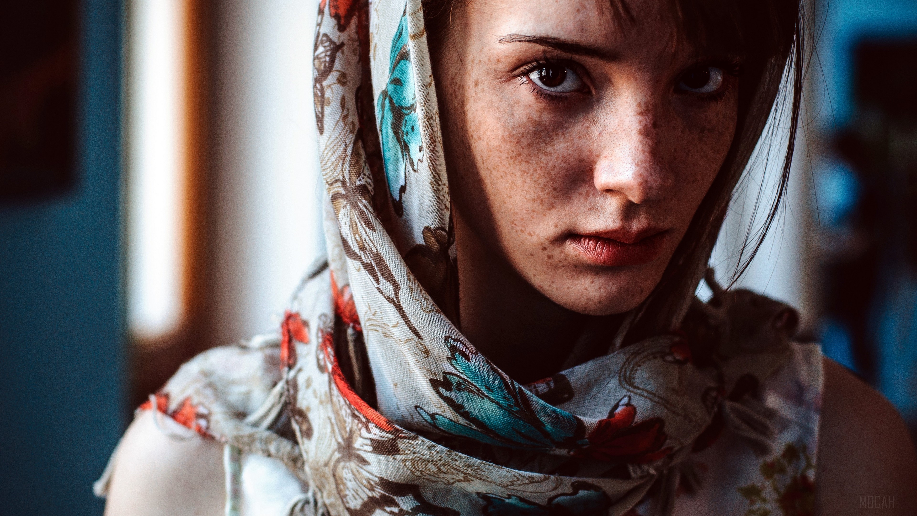 Woman with Freckles and Scarf 4K HD Wallpaper