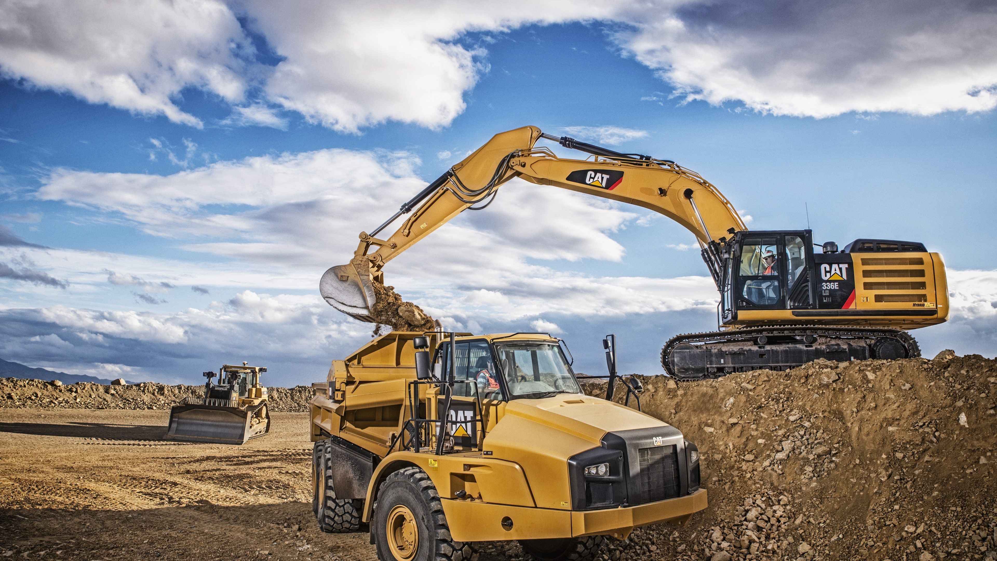 CAT Excavator and Dump Truck at Construction Site HD Wallpaper