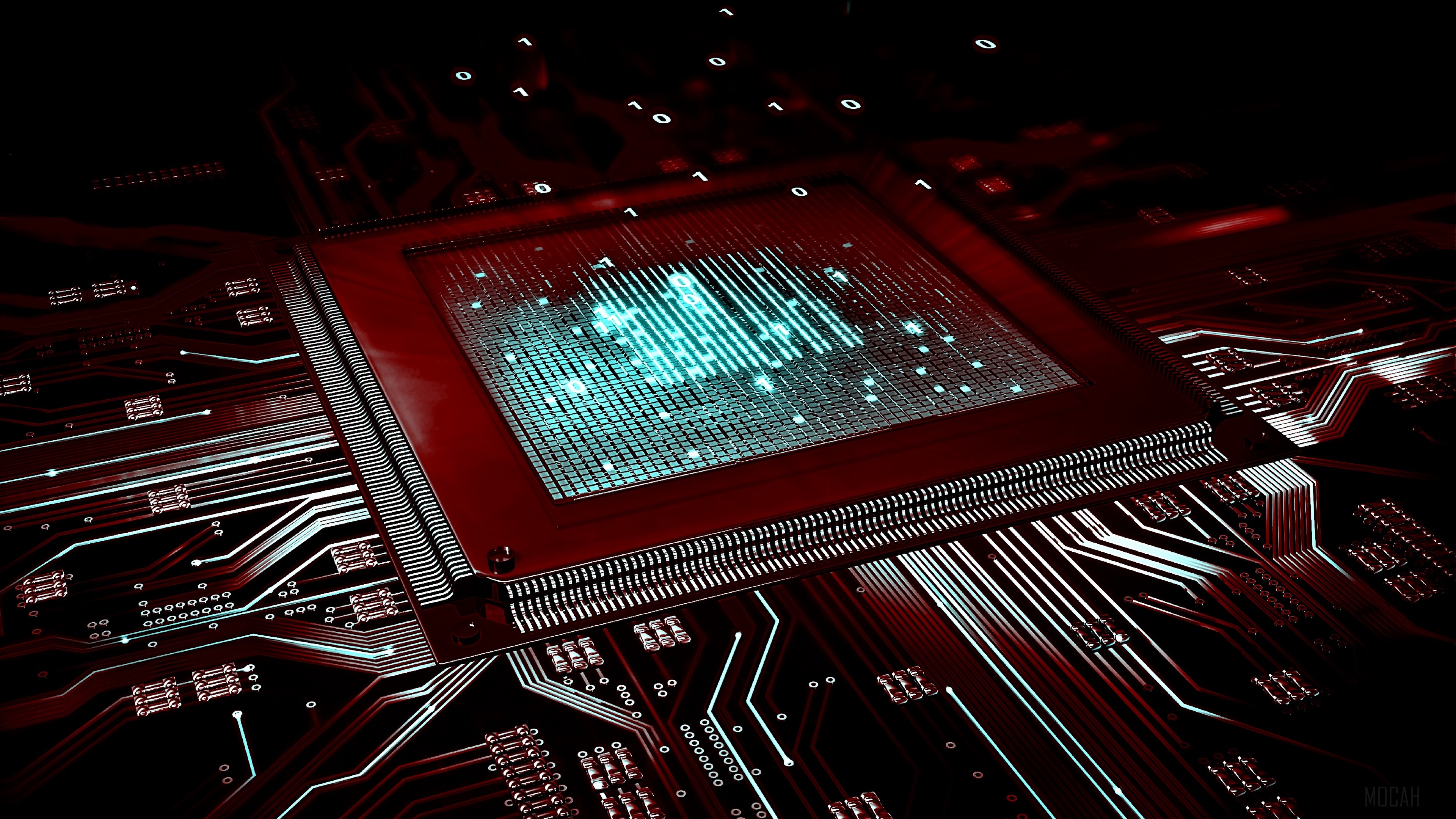 Close-up of a computer processor on a circuit board with binary code HD Wallpaper